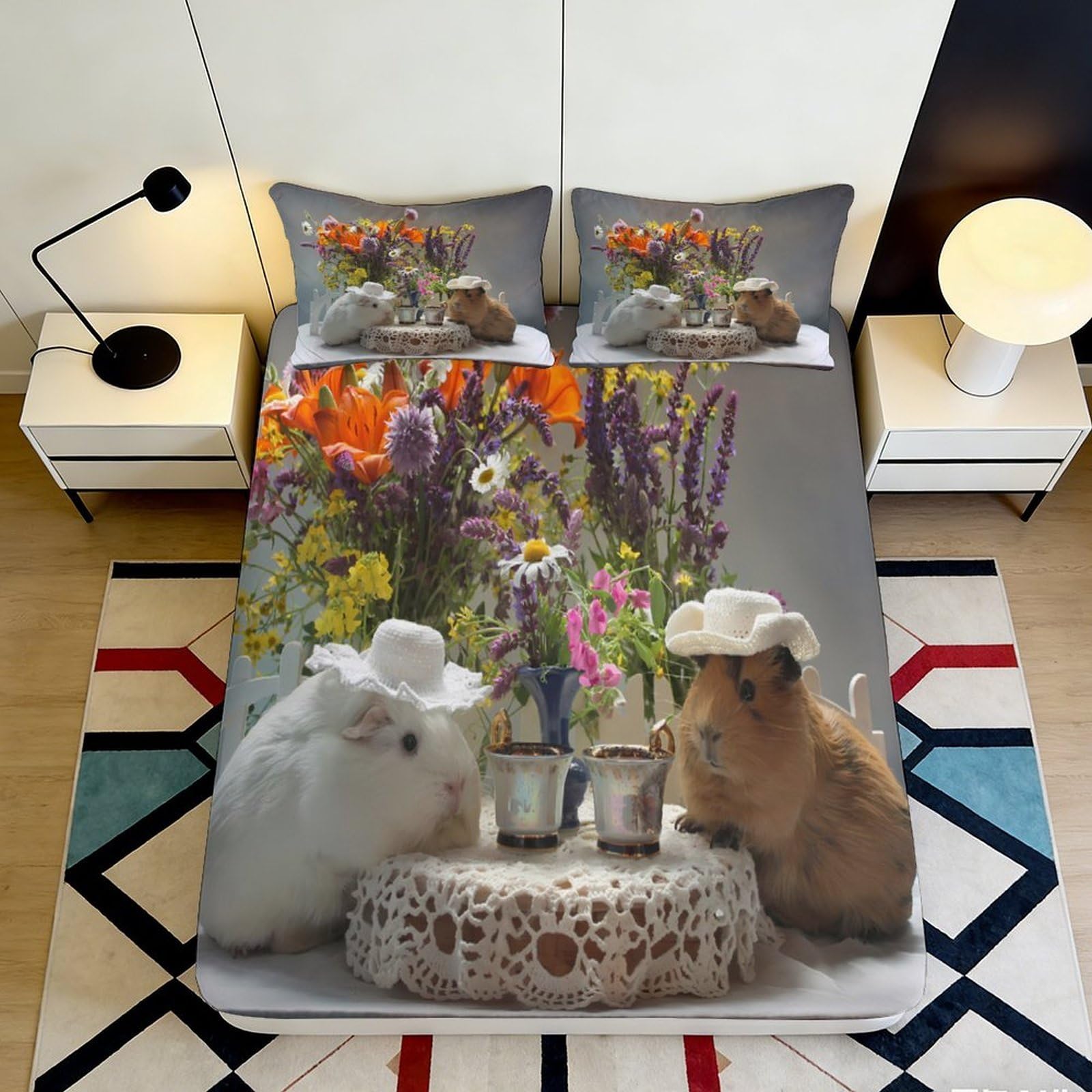 3D Printed Guinea Pig Tea Party Fitted Sheet Microfiber Floral Art Mattress Cover for Bedroom Dorm Decor Easy Care 90x200x25cm