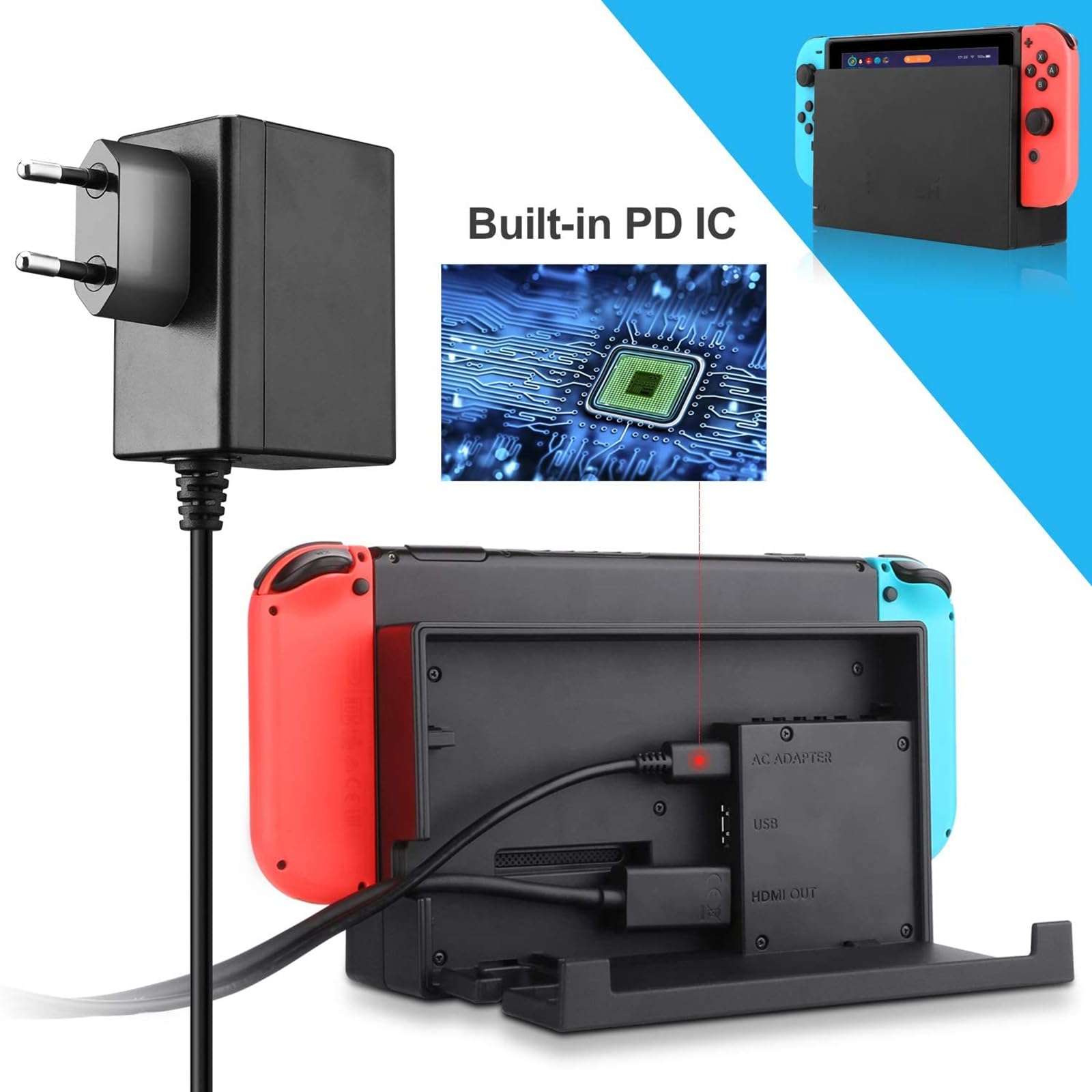 Ladegerät für Switch Console Netzteil Unterstützt TV-Modus Schnelles Aufladen mit 1,5m/5ft Kabel Kompatibel mit Switch Lite (Black)