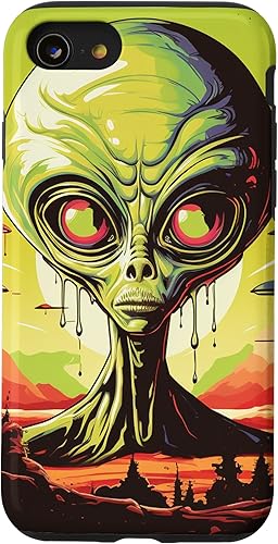 Vista 31 de iPhone 14 Pro Cute Green Alien Head UFO Space Face Alien Case