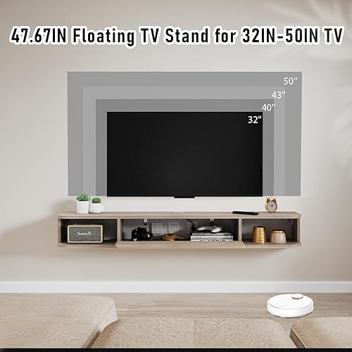 Miniatura 4 de Estante flotante para TV, armario de TV montado en la pared de 48 pulgadas, estantes flotantes con puerta, centro de consola multimedia de Roble