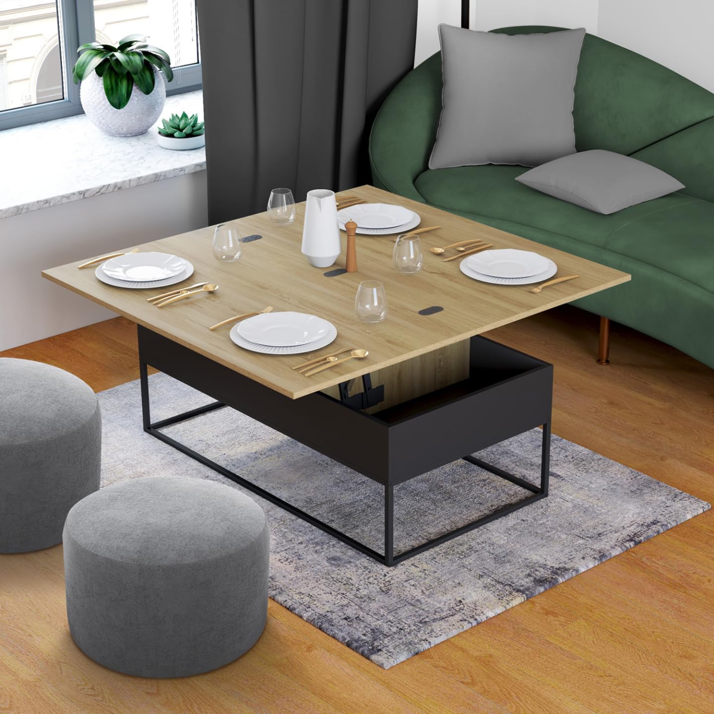 IDMarket - Mesa baja con bandeja elevable rectangular convertible en mesa de comedor Boston 100 cm diseño industrial