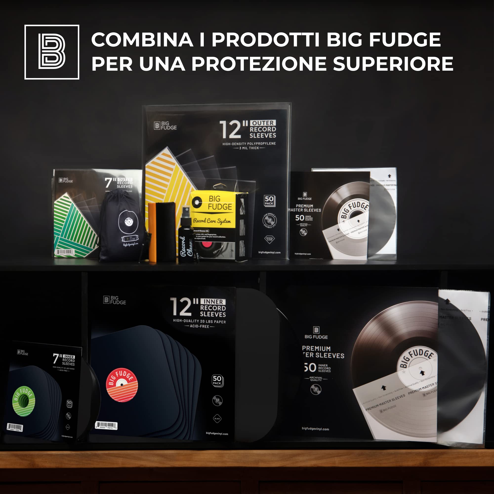 Big Fudge Edizione speciale nera | Buste interne per dischi in vinile 50x | Realizzato in carta pesante e priva di acidi | Copertine per album con angoli arrotondati| Giacche Slim Record | 7"