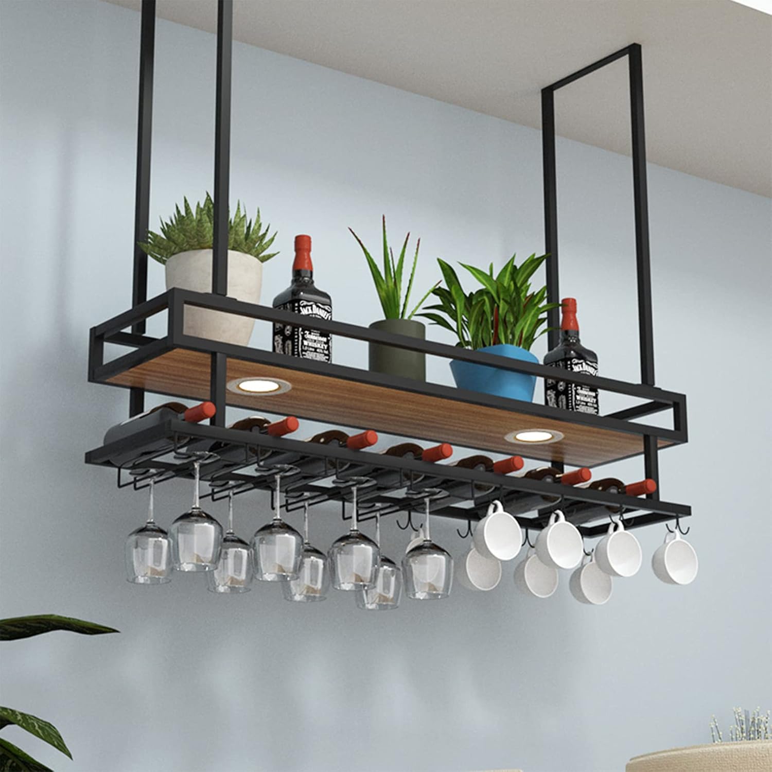 Modern Industrial Style Ceiling Wine Glass Rack with LED Lights Hanging Wine Rack with Glass Holder Shelf and Bottle Storage Black Metal Ceiling Mount Shelf for Bar Cafe Kitchen