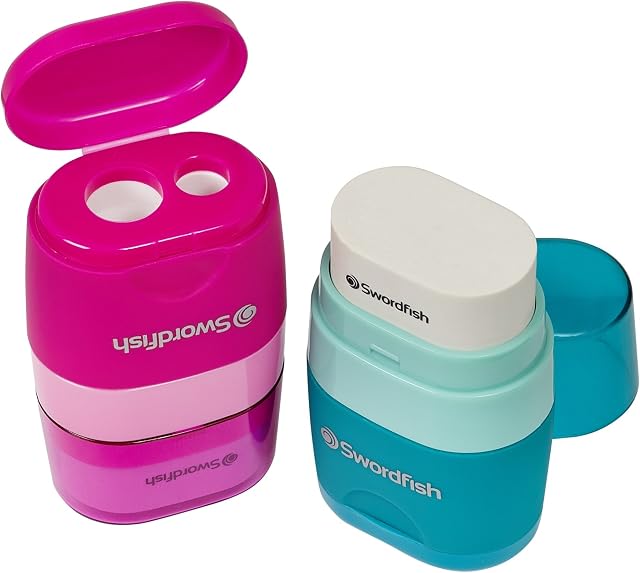 Swordfish Twin Combo Double-Hole Pencil Sharpener and Eraser [Pack of 1] Assorted Colours [40296]