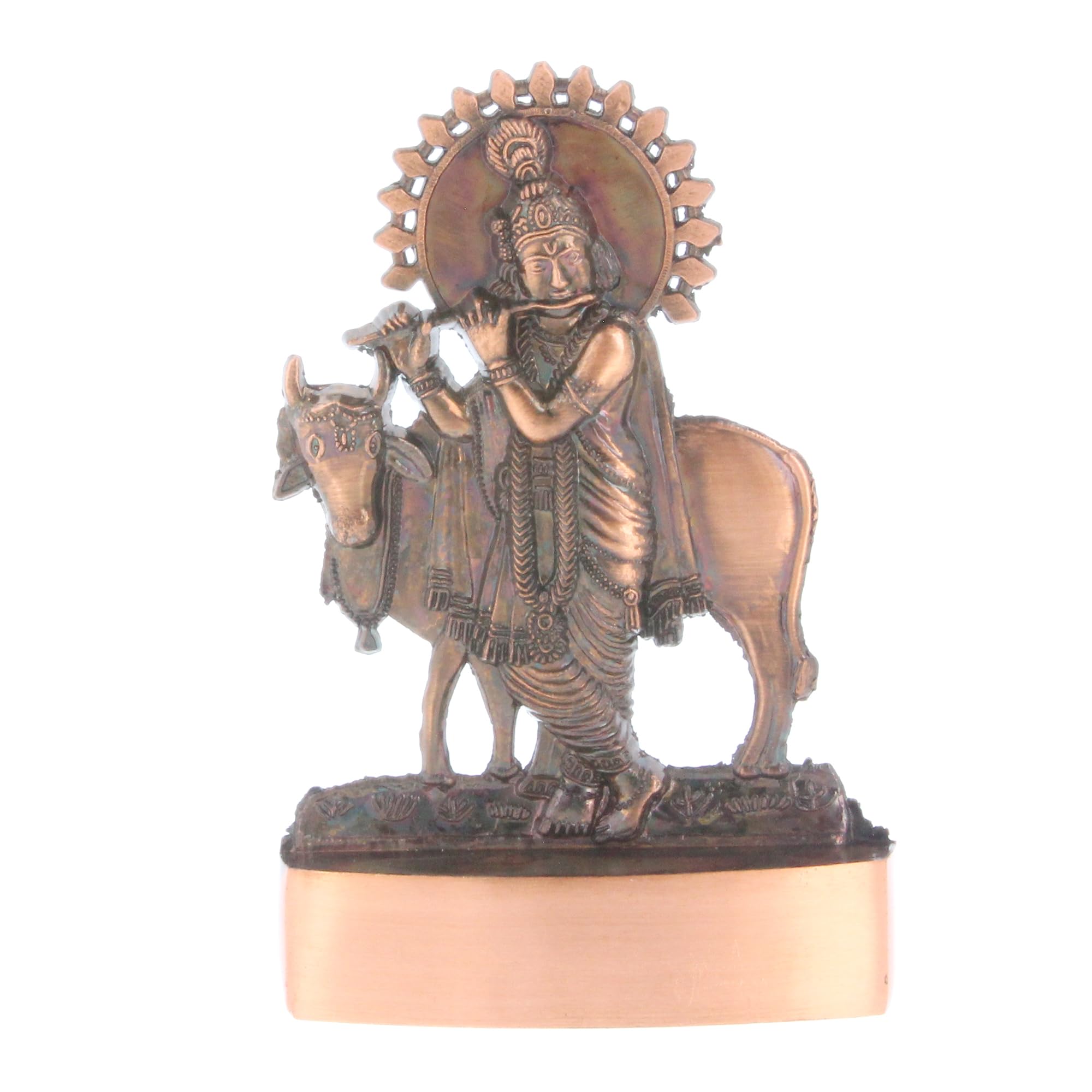 Indiabazaar Lord Krishna Statue Murti Copper Bronze Metal Small Krishna with Flute Cow Hindu Indian God Idol for Car Dashboard Home Office Desk Mandir Temple Pooja Décor Diwali Wedding Gift