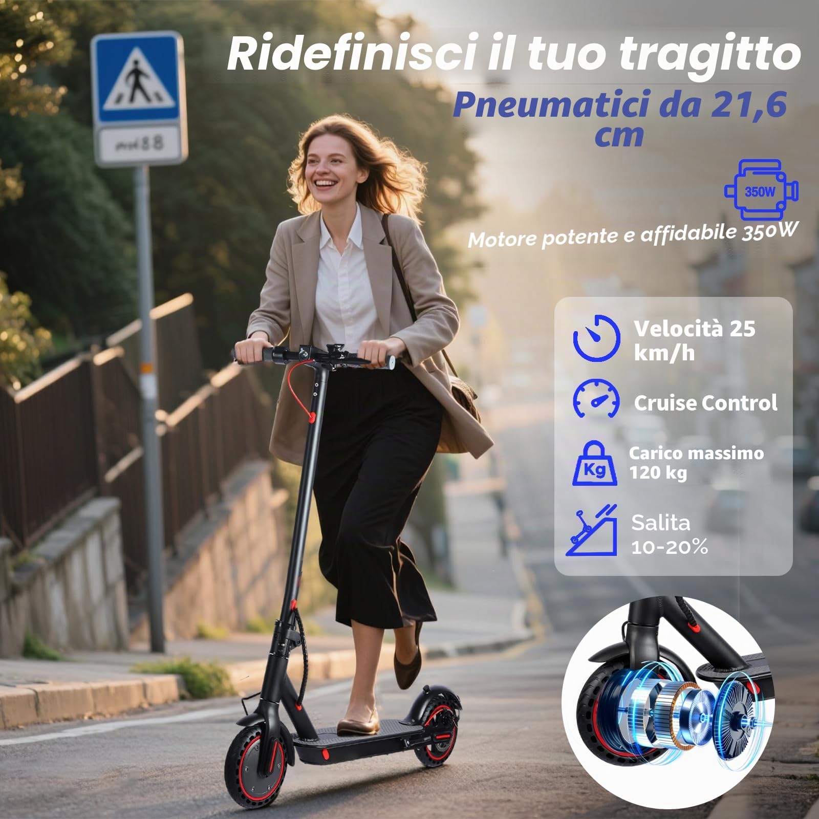Monopattini Elettrici Adulto, Autonomia 20-30 km, Pneumatici 8.5", 3 Modalità di Velocità, Monopattino Piegevole con APP, Doppio Sistema di Frenatura, E-Scooter Rapido per Adolescenti, Motore 350W