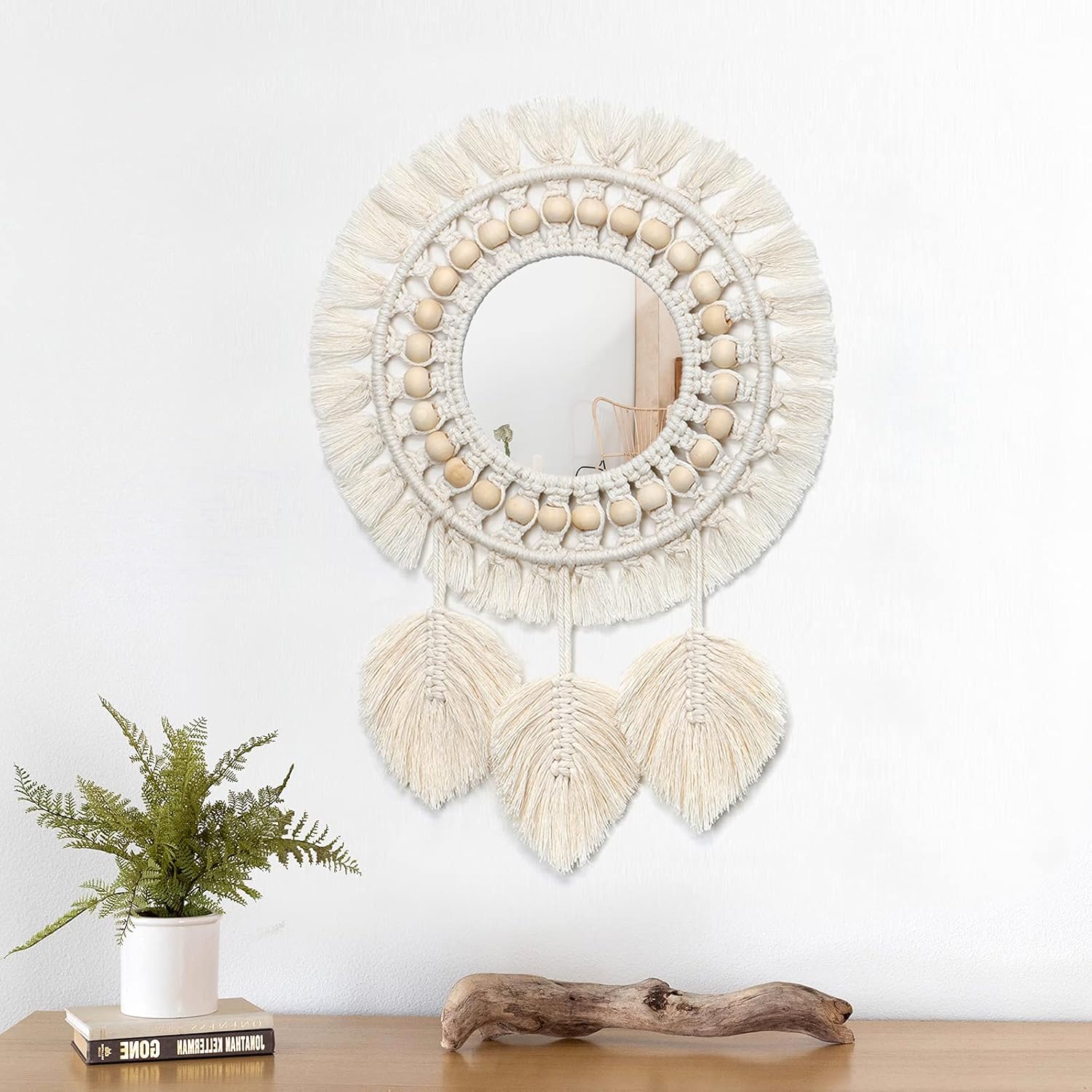 Dremisland Hanging Wall Mirror-Boho Macrame Fringe Round Decorative Mirror with Wood Beads Feather Pendant，Art Ornament for Apartment Home Bedroom Living Room - Image 4