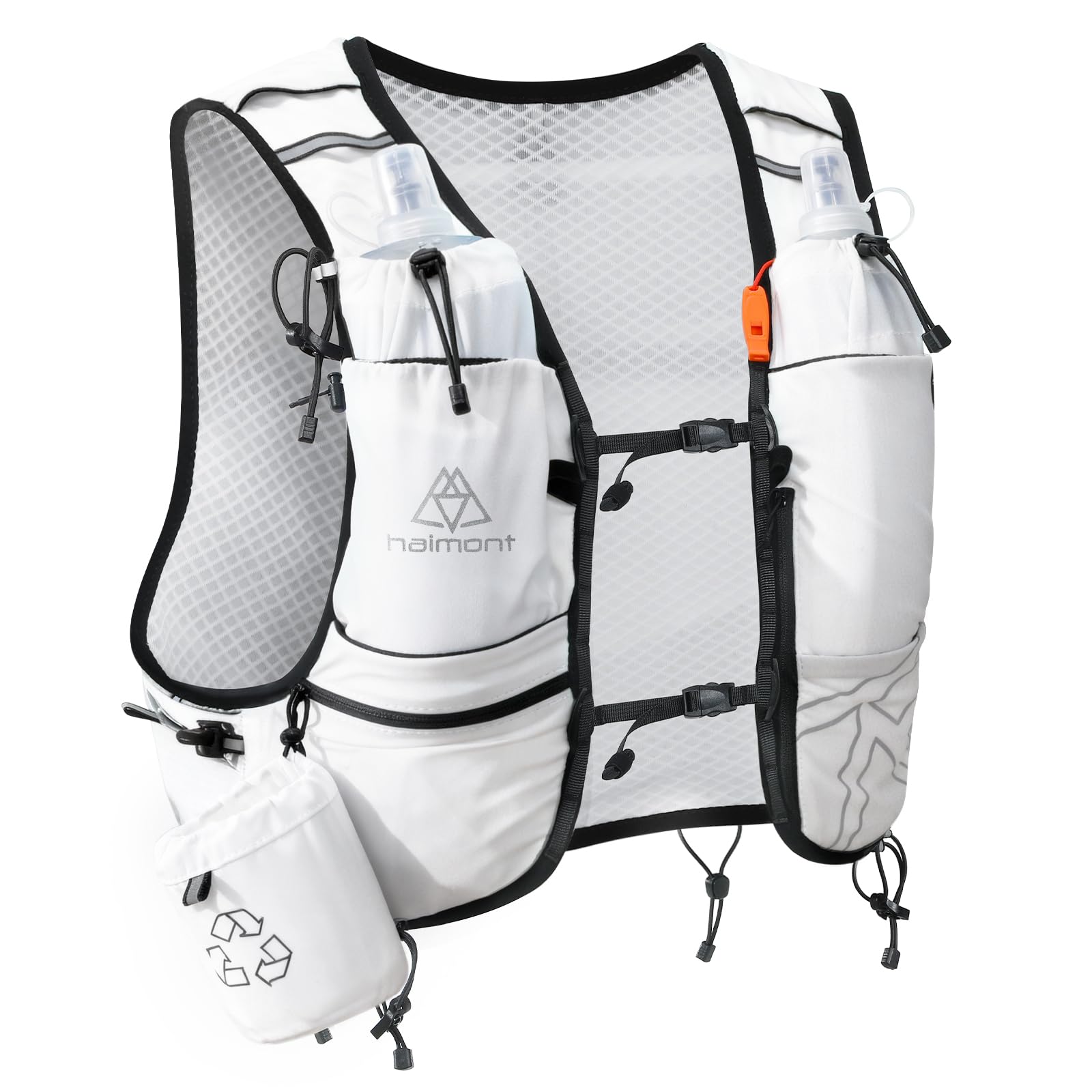 Haimont Hydration Running Vest with Water Bottle, Lightweight Breathable 8L Hydrated Vest Pack with Soft Flasks for Hiking Trail Training Race, White, S