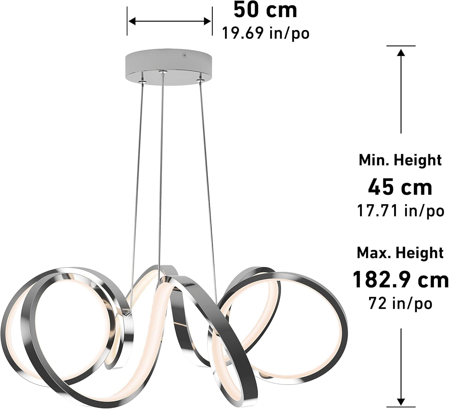 Diagram showing the adjustable height of the Artika Swirl Ribbon LED Pendant Light, with minimum and maximum height measurements.