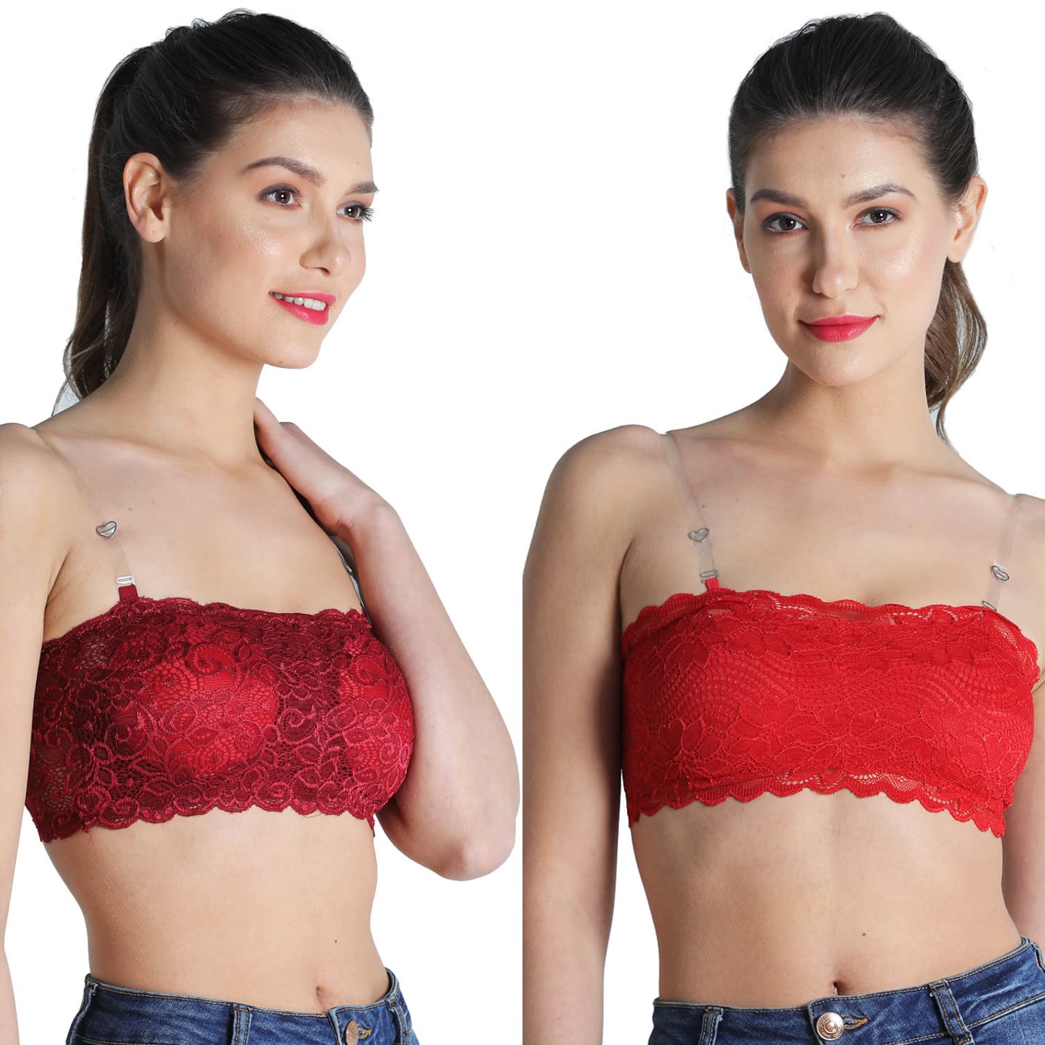 Women's Tube BraPoly LaceLightly Padded Wire Free StraplessT-Shirt,Top Bra with Detachable Straps in Black & Skin Colour (28B to 34B Sizes) Pack of 2-picture-34
