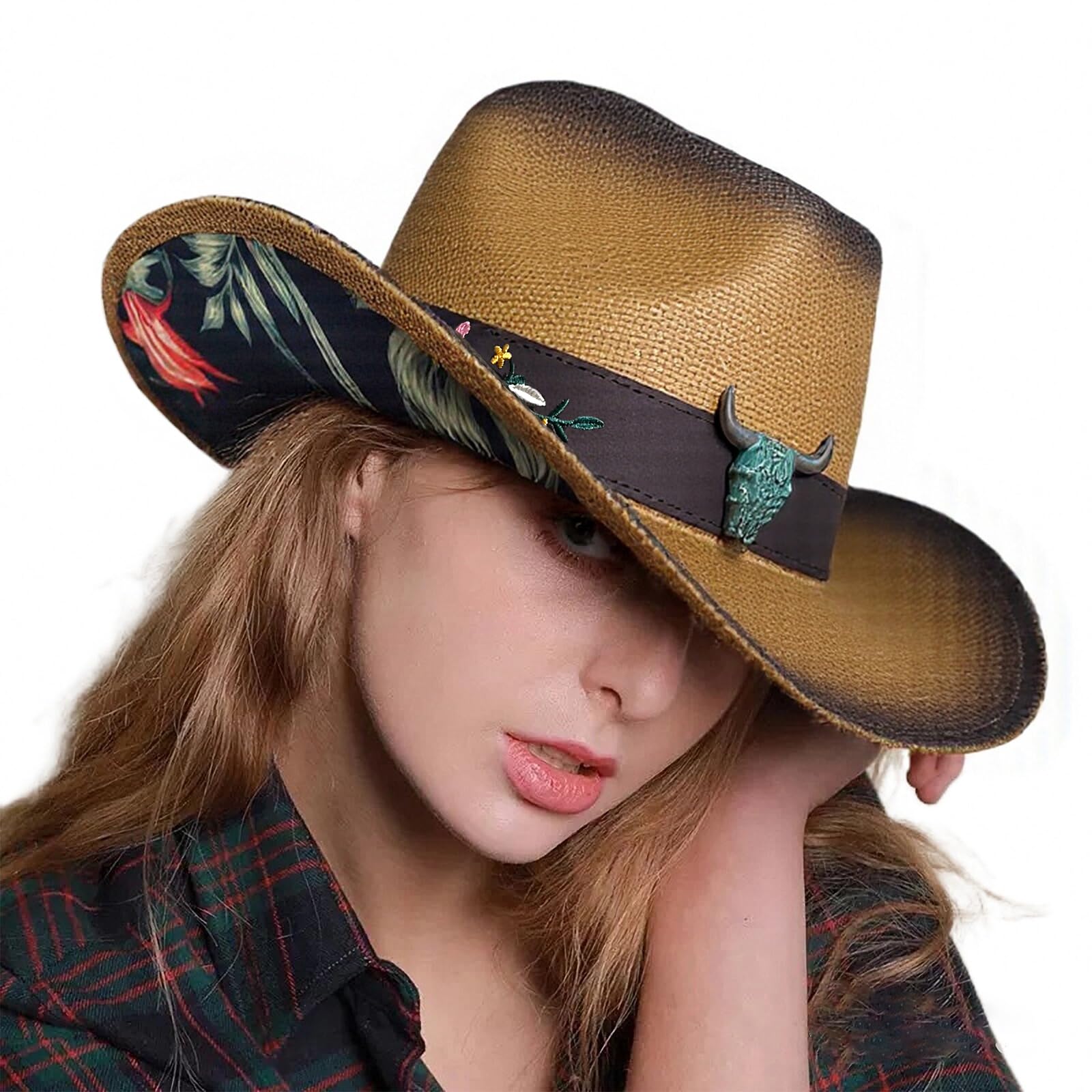 Cowboy Hats for Women, Brown Cowgirl Hats Classic Straw Western Hats for Women Music Festival Party Beach.