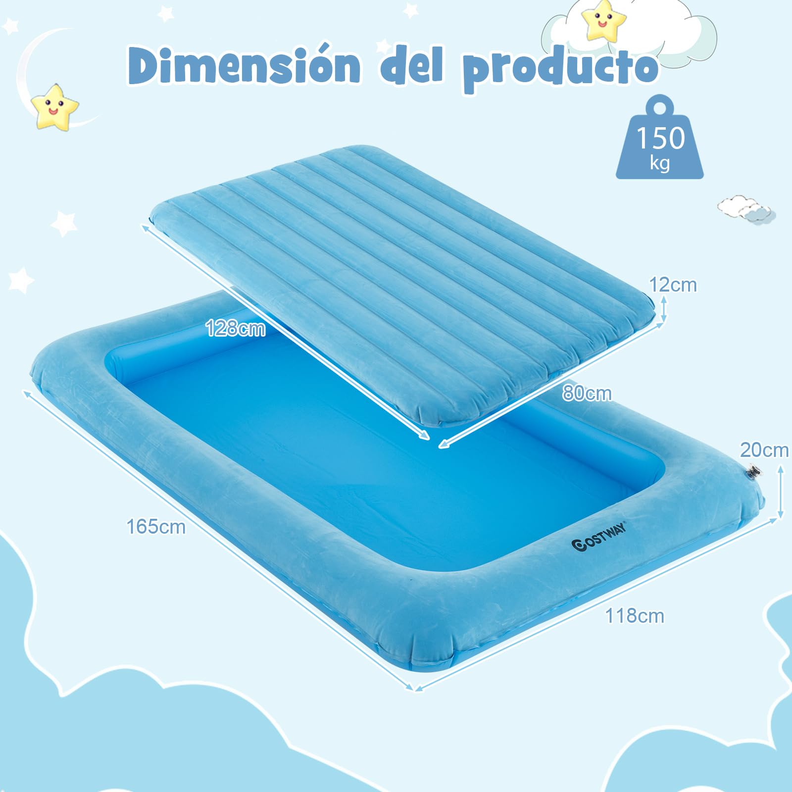 COSTWAY Colchón Inflable de Viaje para Niños, Colchón Portátil con Bomba Eléctrica, Cama Hinchable con Bordes Elevados y Colchón de Doble Cara para Habitación Infantil, Dormitorio (Celeste)