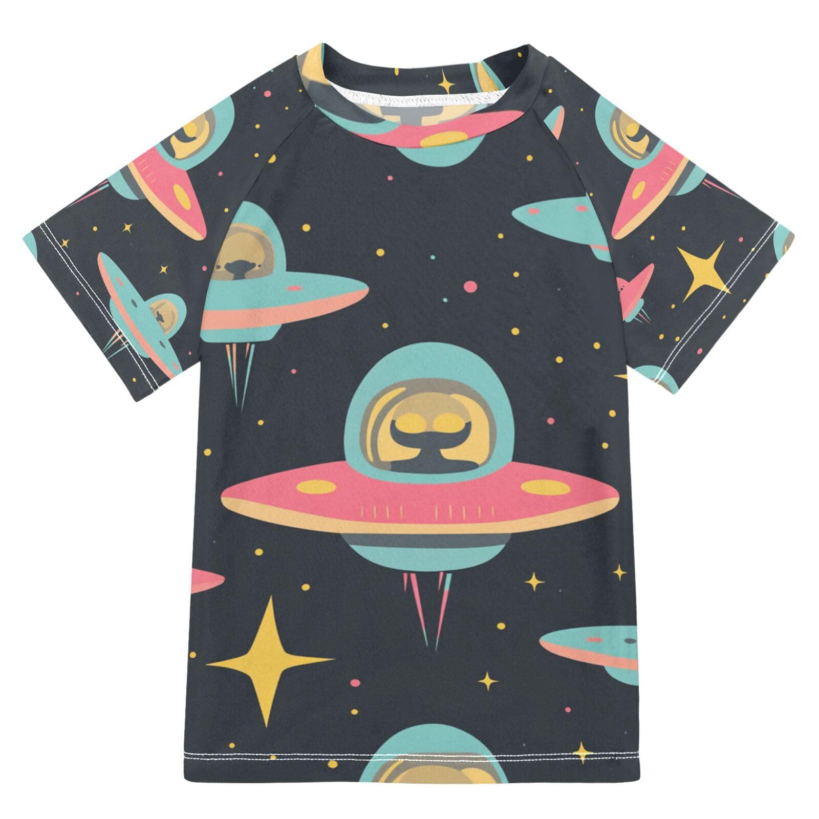 Jucciaco Boys Swing Shirts UFO Planet Star Black Rashguard Short Sleeve Kids T-Shirts Sun UPF 50+
