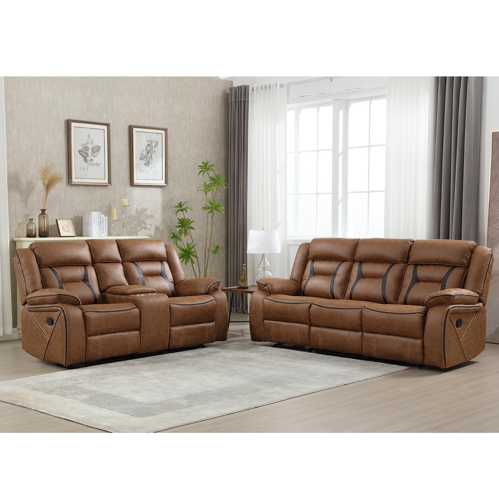 EBELLO Manual Recliner Sofa Set, Faux Leather Reclining Living Room Furniture Set, Included Loveseat and 3 Seat Manual Recliner Sofa, Brown(Loveseat+Sofa) view 6