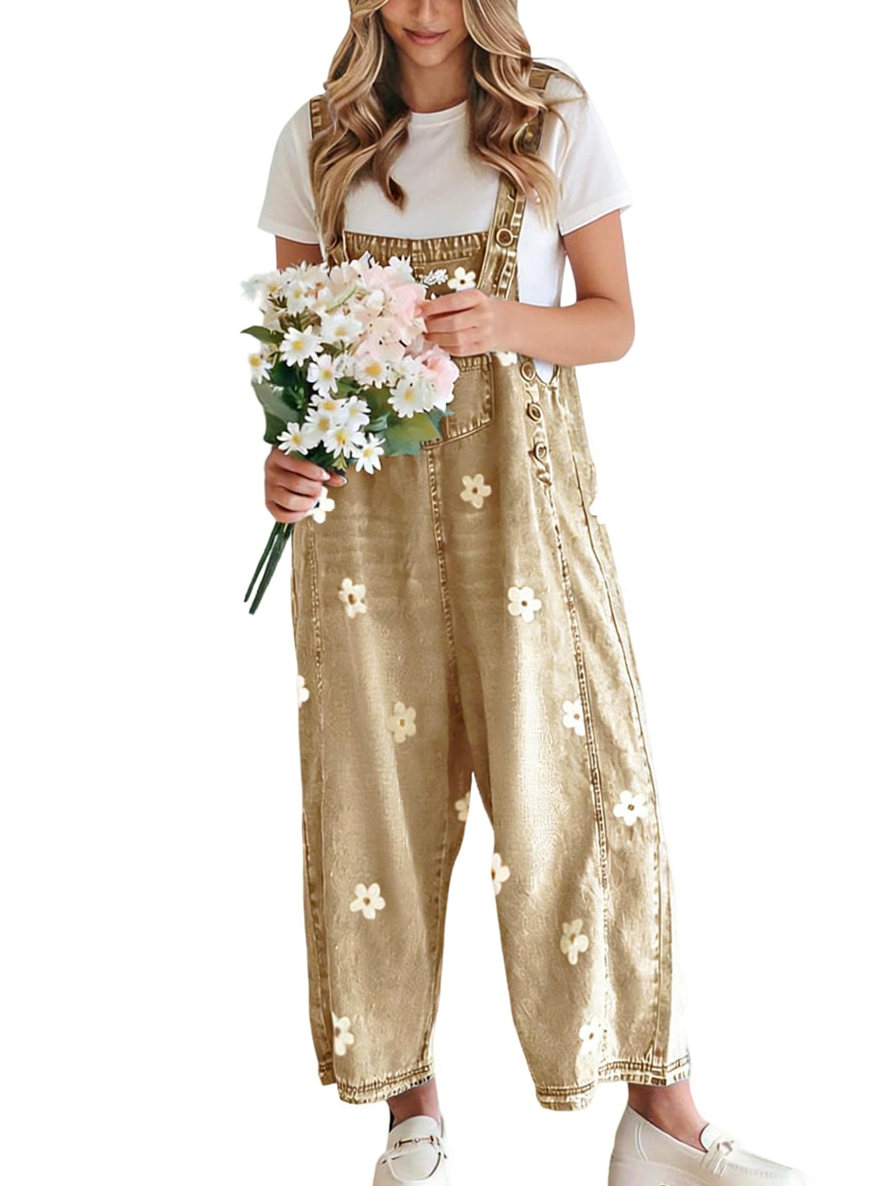 utcoco Floral Printed Denim Bib Overalls