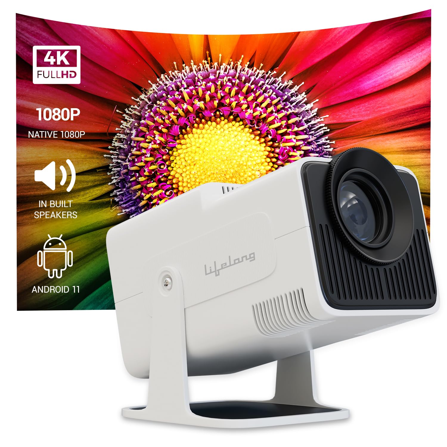 Lifelong Electronics LightBeam Pro Smart Projector | Android, 1080P HD Native & 4K Ultra HD Support, 4000 Lumens | for Room & Outdoors | All OTT Apps | WiFi/BT, Mirroring, HDMI, 180°, Speakers