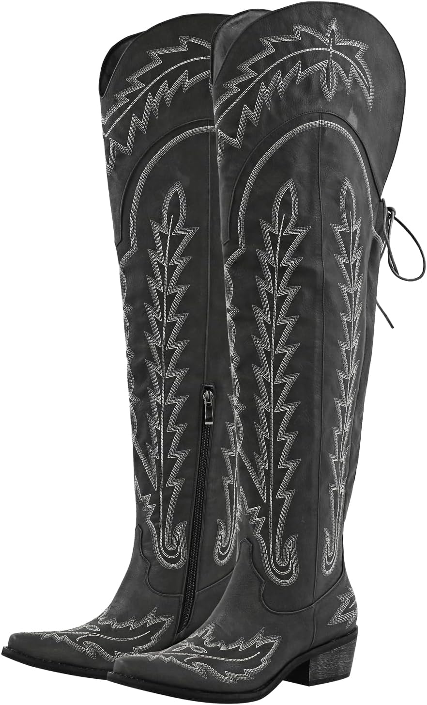 richealnini Women's Embroidery Western Cowboy Boots with Zippers Adjustable Lace Up Wide Calf Over Knee High Boots