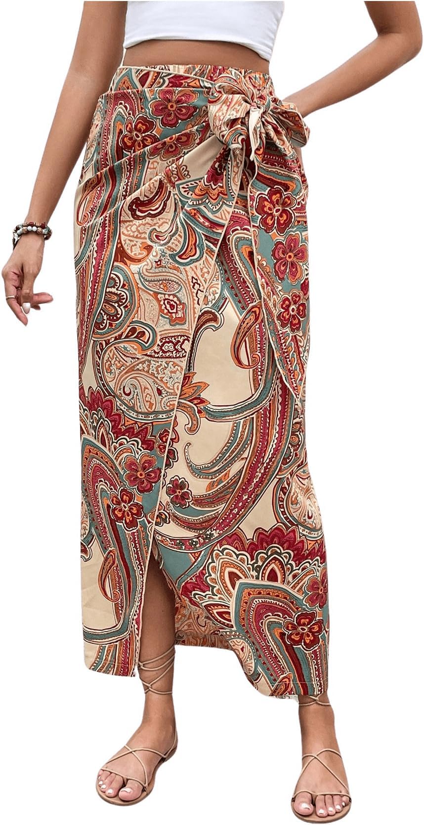 Women's Boho Paisley Print High Waisted Wrap Skirt Split Summer Maxi Long Skirt Khaki Large