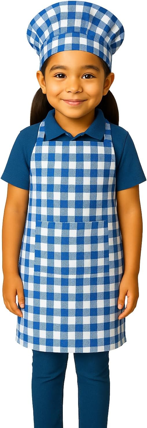 Checkered Kids Apron and Chef Cap|Adjustable Neck Strap |Ideal for Cooking, Baking, Painting & School Activities | Cotton Chef Children Apron for Boys & Girls |Select Size as per Kid's Age