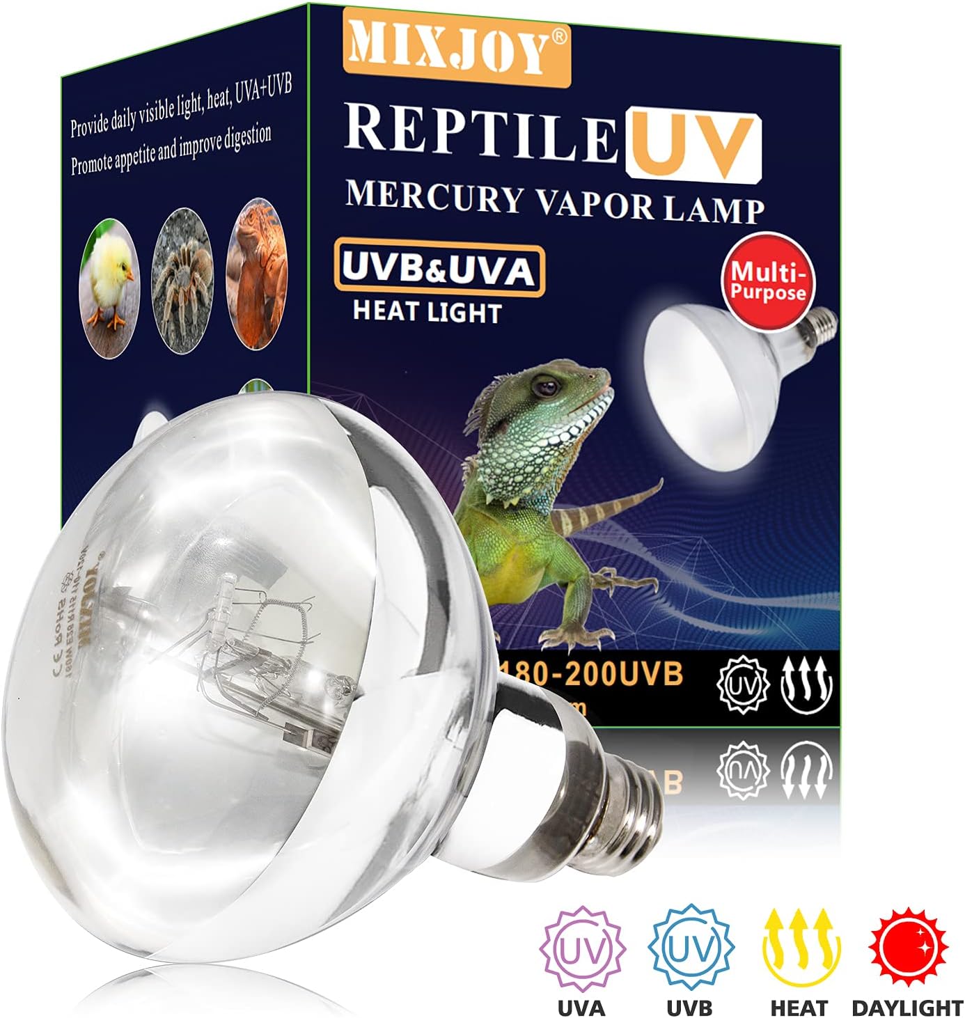 MIXJOY 160W Reptile Heat Lamp Bulb Full Spectrum UVA UVB Sun Light for Reptile and Amphibian Use