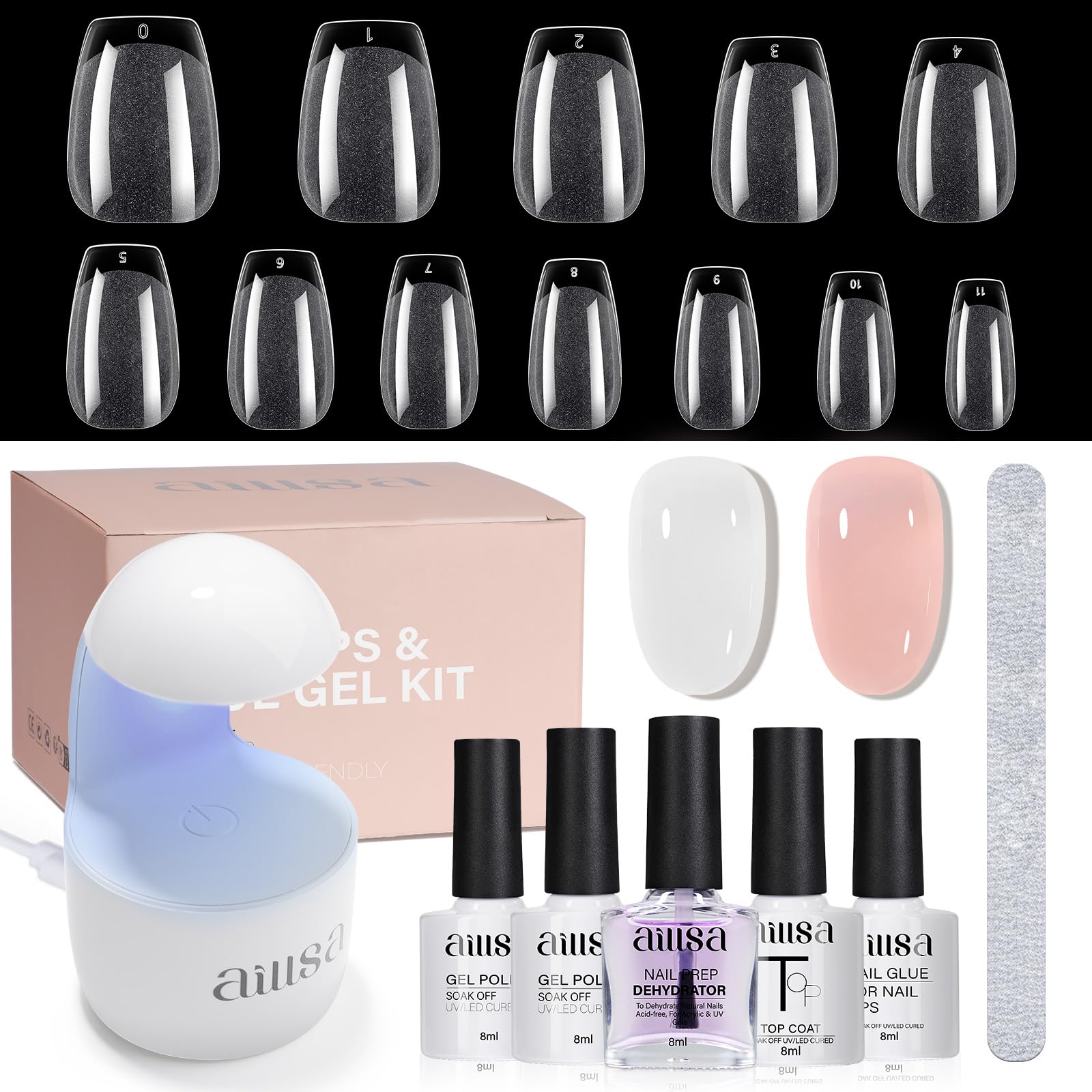 AILLSA Kit de uñas de gel de punta corta 240 piezas con base de pegamento 2 en 1 y secador de uñas, kit de uñas postizas con top coat UV para principiantes.