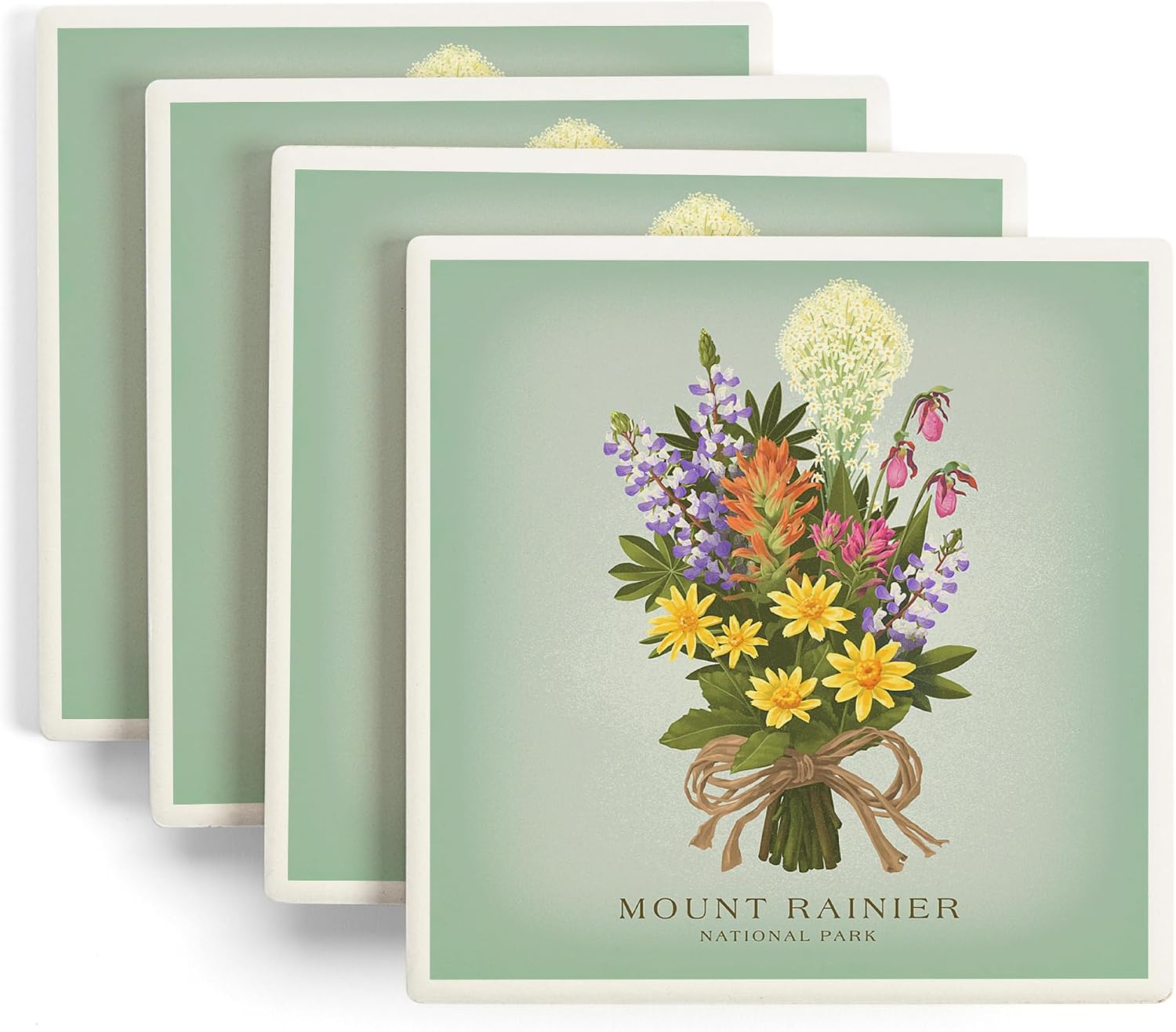 Lantern Press Mount Rainier National Park, WA, Wildflower Bouquet, Vintage Flora (Absorbent Ceramic Coasters Set of 4 Matching Images, Cork Back, Kitchen Table Decor)