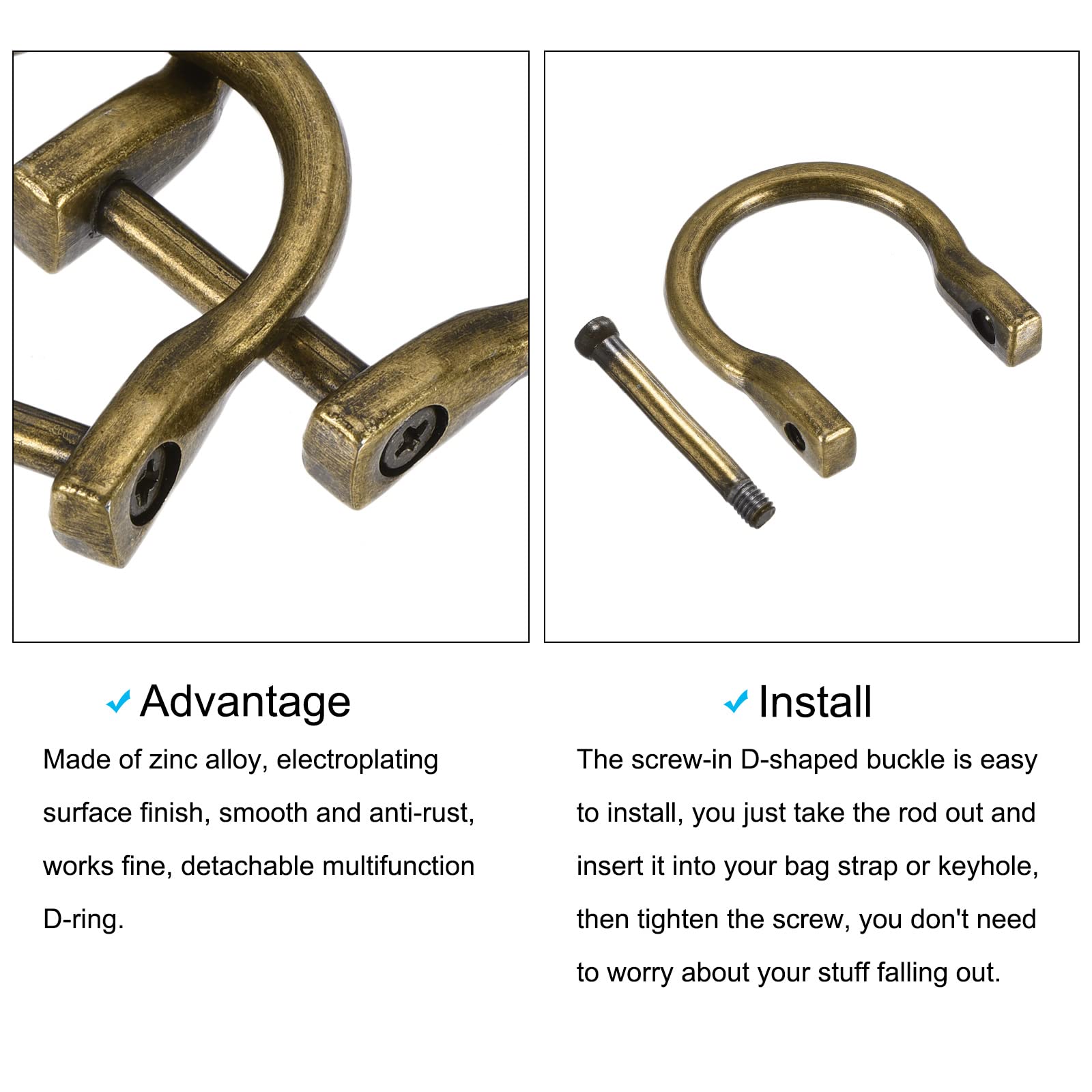 METALLIXITY Horseshoe D-Rings (23mm) 2pcs, Screw-in U-shaped Buckles Shackle - for Car Keys Keychain Bags Leather Crafts Bronze Tone - Image 4