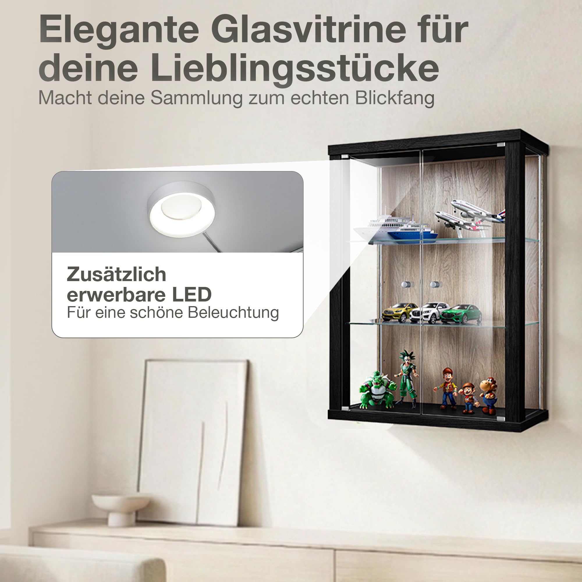 Hängevitrine Glas (80x60x25cm) - Made in Germany - Glasvitrine hängend mit 2 höhenverstellbaren Glasböden aus ESG in Schwarz/Sonoma Eiche - Schrank mit Glastüren - Wandvitrine