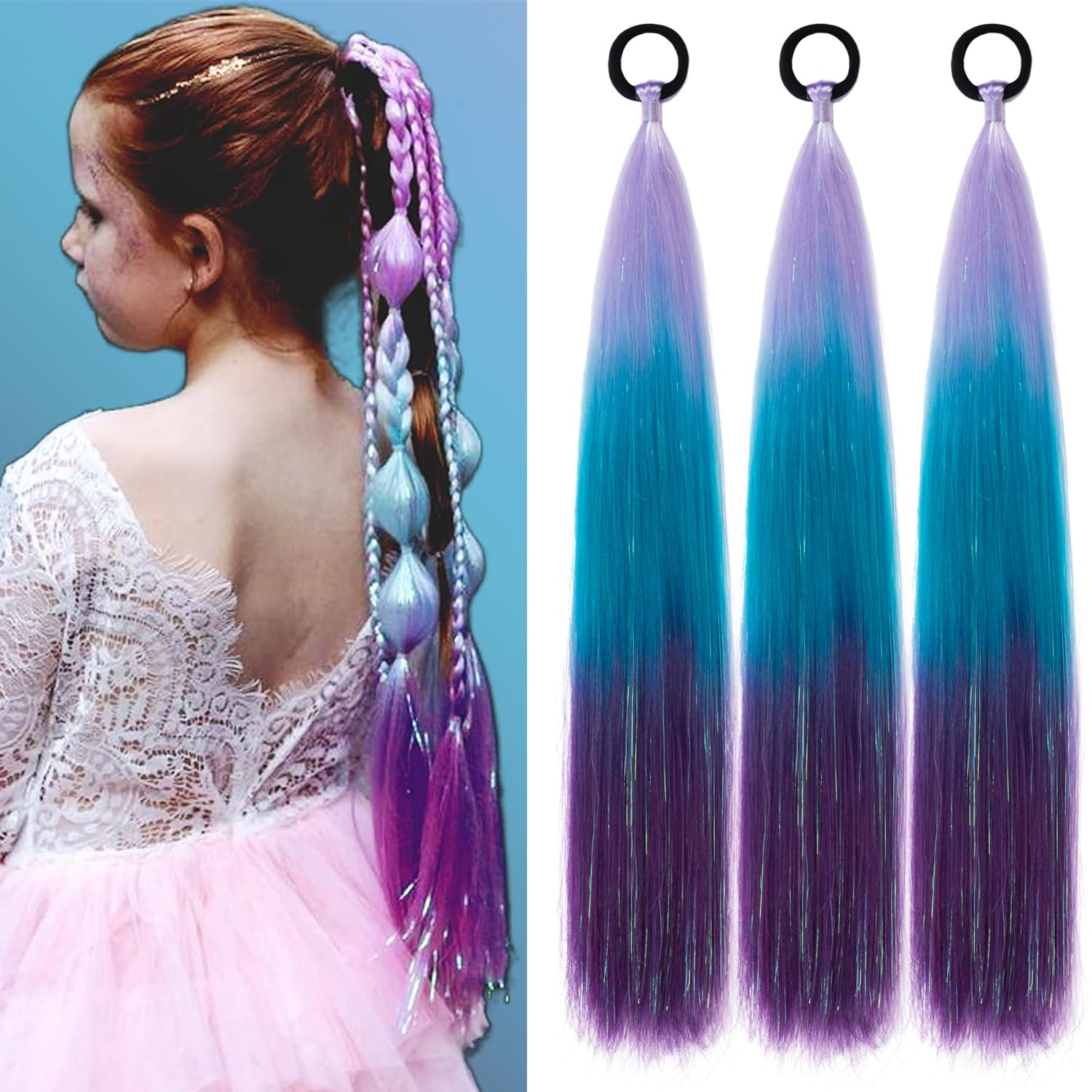 PORSMEER 3 Packs Ponytail Extension 24 inch Light Purple to Blue to Dark purple Colored Hair Extensions Glitter Tinsel Mixed for Braiding Ombre Pony Tail with Hair Tie Rave Crazy Hair Day