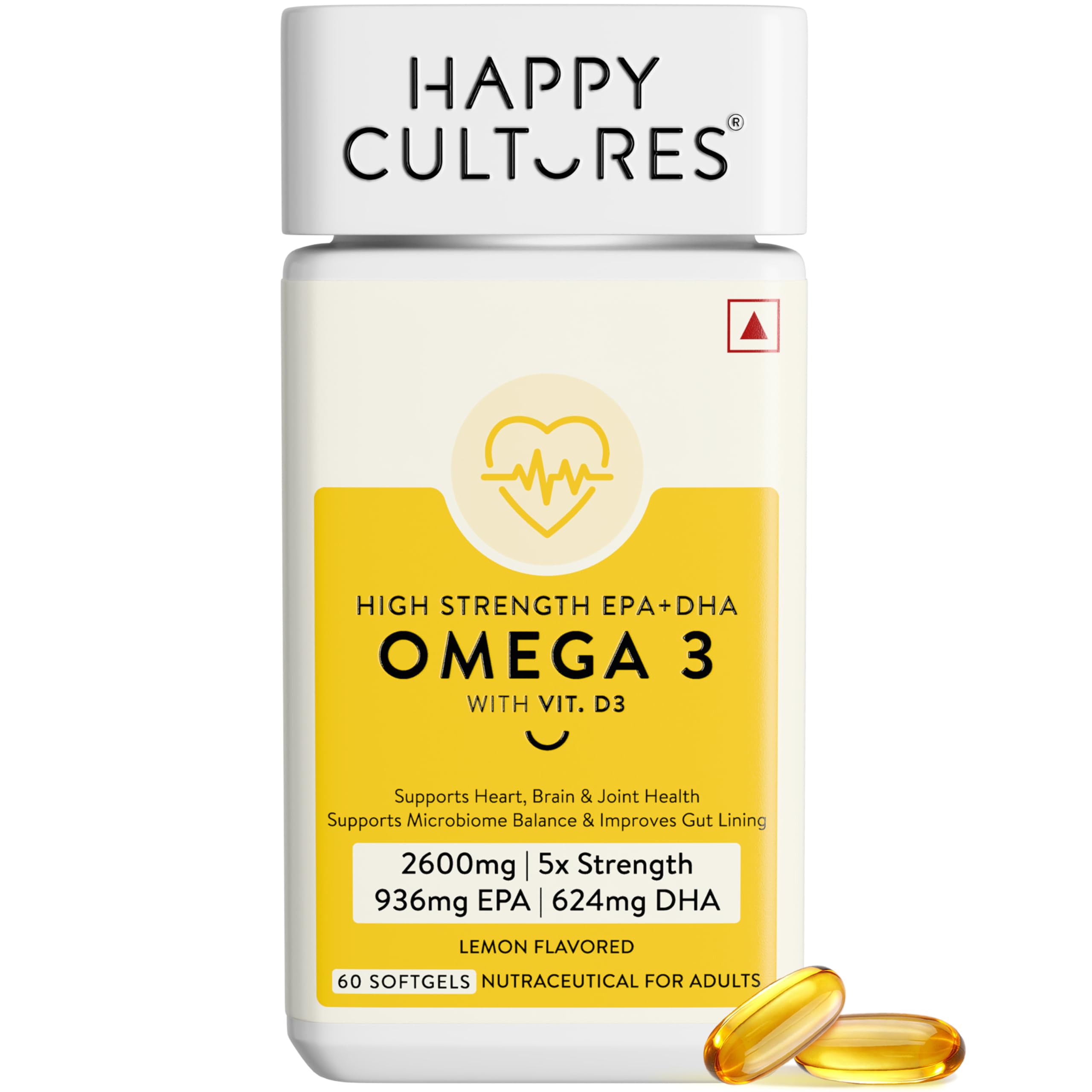 Happy Cultures Omega 3 Fish Oil 5X | Omega 3 Supplement 5X Strength 2600 Mg | Combination of 1605 mg 936 mg EPA 624 mg DHA/serving | No Fishy Burp | For Brain, Heart, & Joint Health | Lemon Flavour- 60 Softgel for Men & women