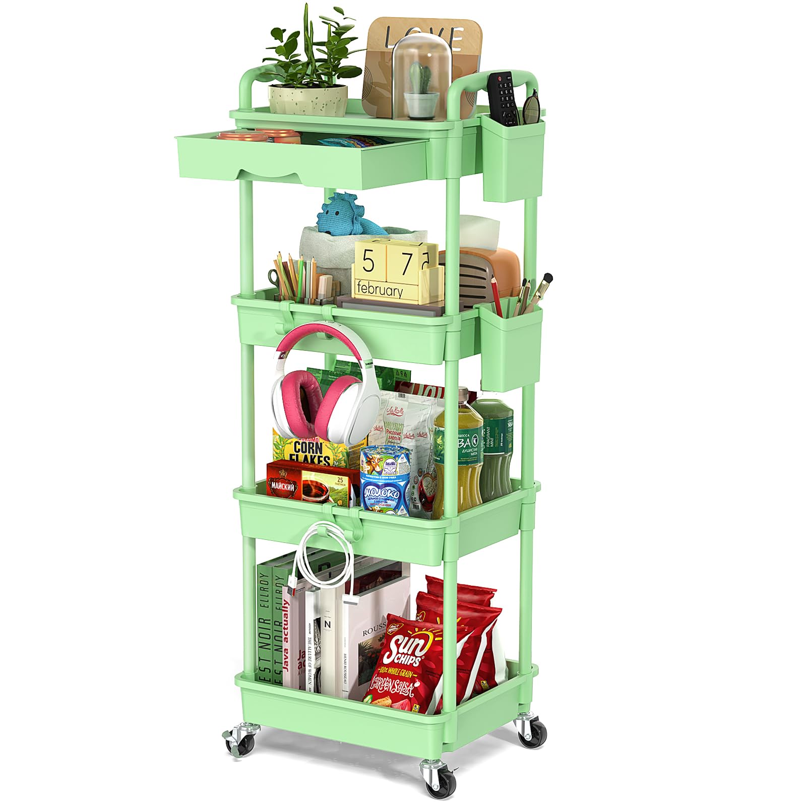4 Tier Rolling Utility Cart with Drawer, Storage Organizer Cart with 2 Lockable Wheels, Multifunctional Rolling Storage Cart for Bathroom, Kitchen, Craft, Makeup, Baby Essentials, Green