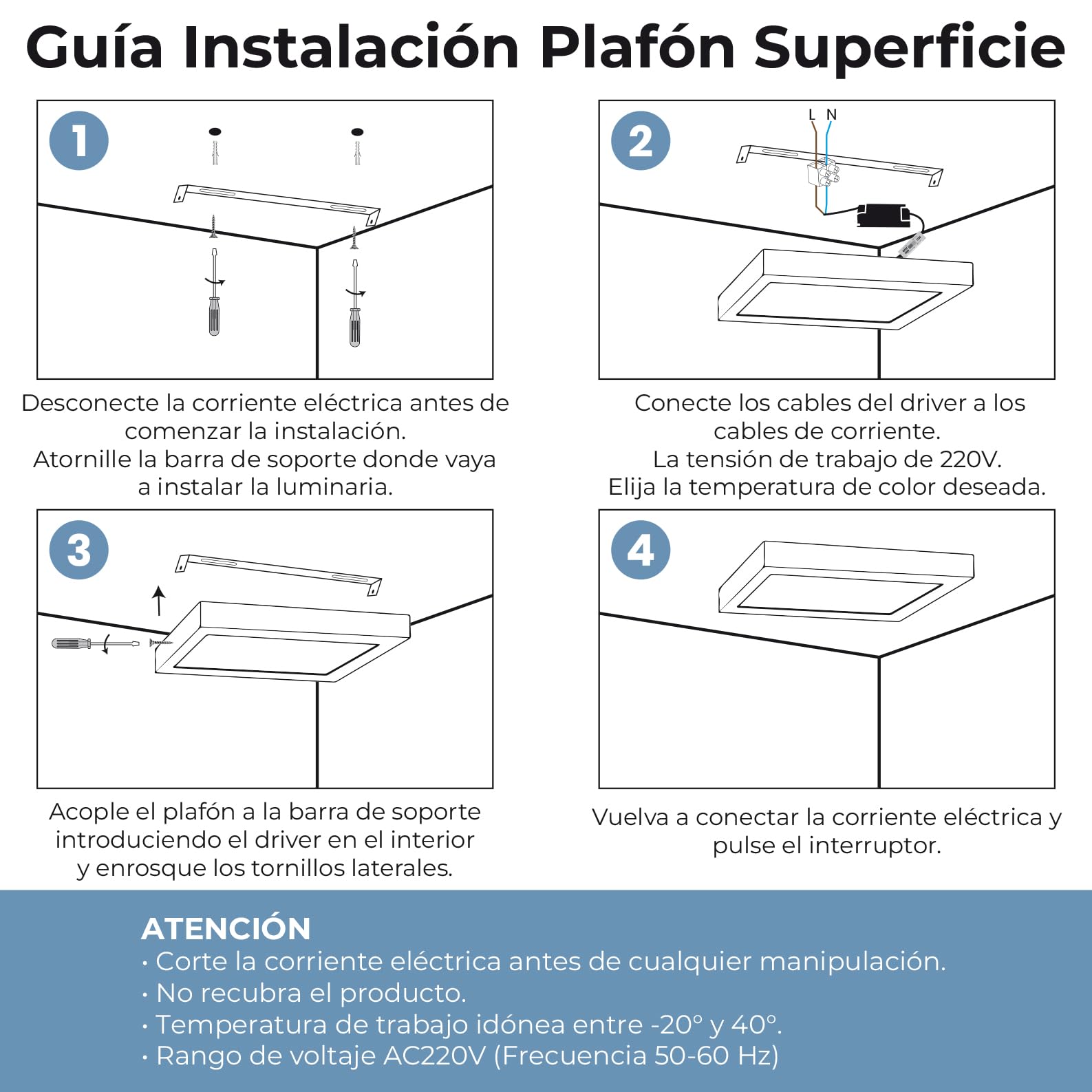 LED ATOMANT 4x Plafon LED Cuadrado Superficie 30x30cm 24W CCT 3000-6500K | Con Selector de color CCT, 2200 Lumenes, Driver incluido