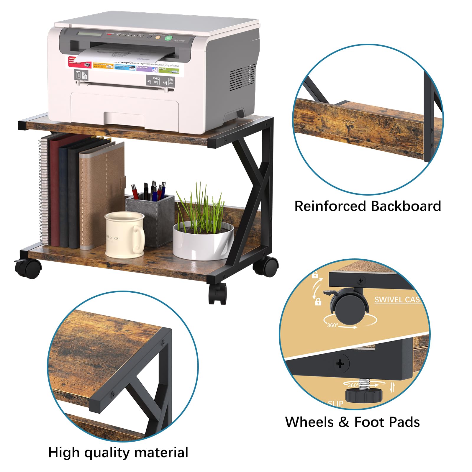Huhote Support d'imprimante de bureau à 2 niveaux, table d'imprimante sous le bureau, multifonction de rangement et d'organisation, support d'imprimante en bois avec roues pour dossiers A5, scanner,