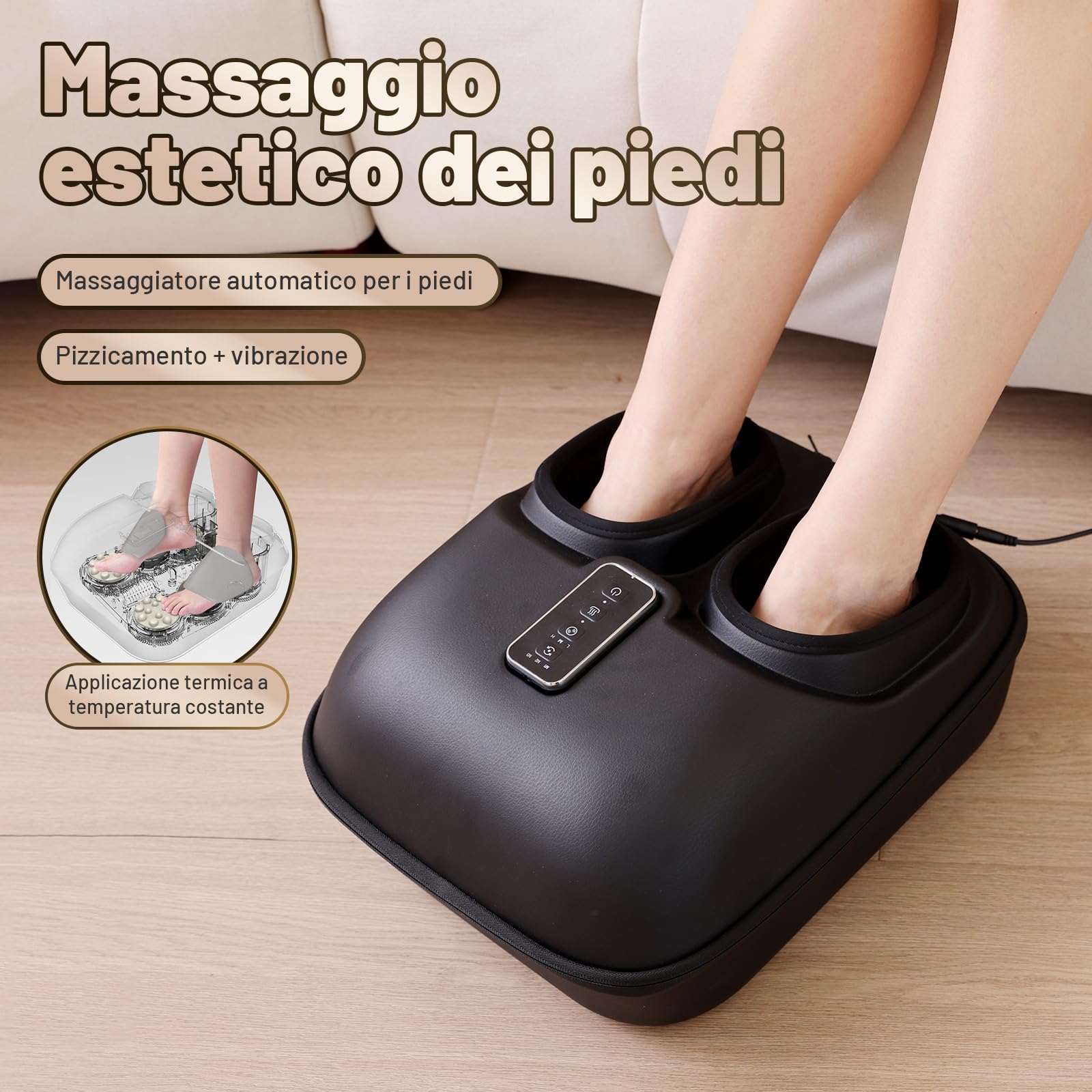 Massaggiatore piedi Shiatsu BeSokar con telecomando, funzione di massaggio impastamento 6D, rulli e compressione pneumatica, 3 livelli di intensità per muscoli e piante dei piedi stanche, terapia