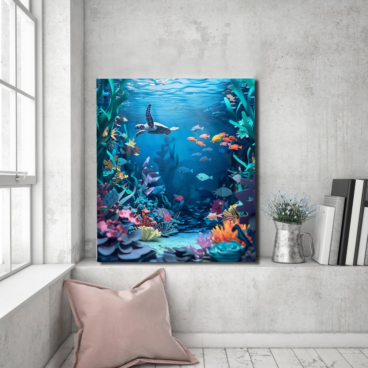 Niebieski ocean sztuka ścienna z rybami tropikalnymi do salonu 70 x 90 cm