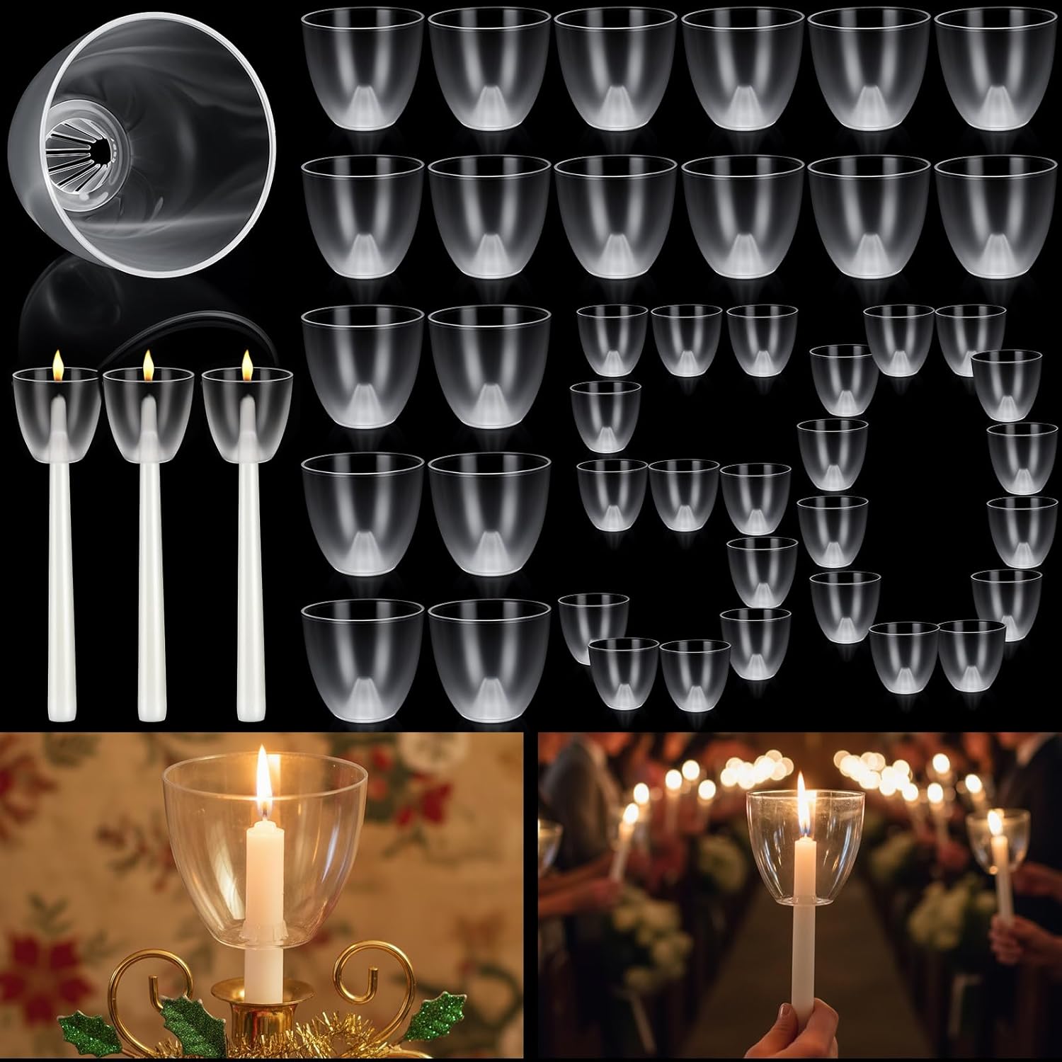Beeveer 50 Pcs Clear Candle Drip Protectors Fire Retardant Plastic Candle Collectors Candlestick Holders Fit Dia 7/16 to 3/4 Inch Candles for Church Weddings Funerals Indoor Outdoor