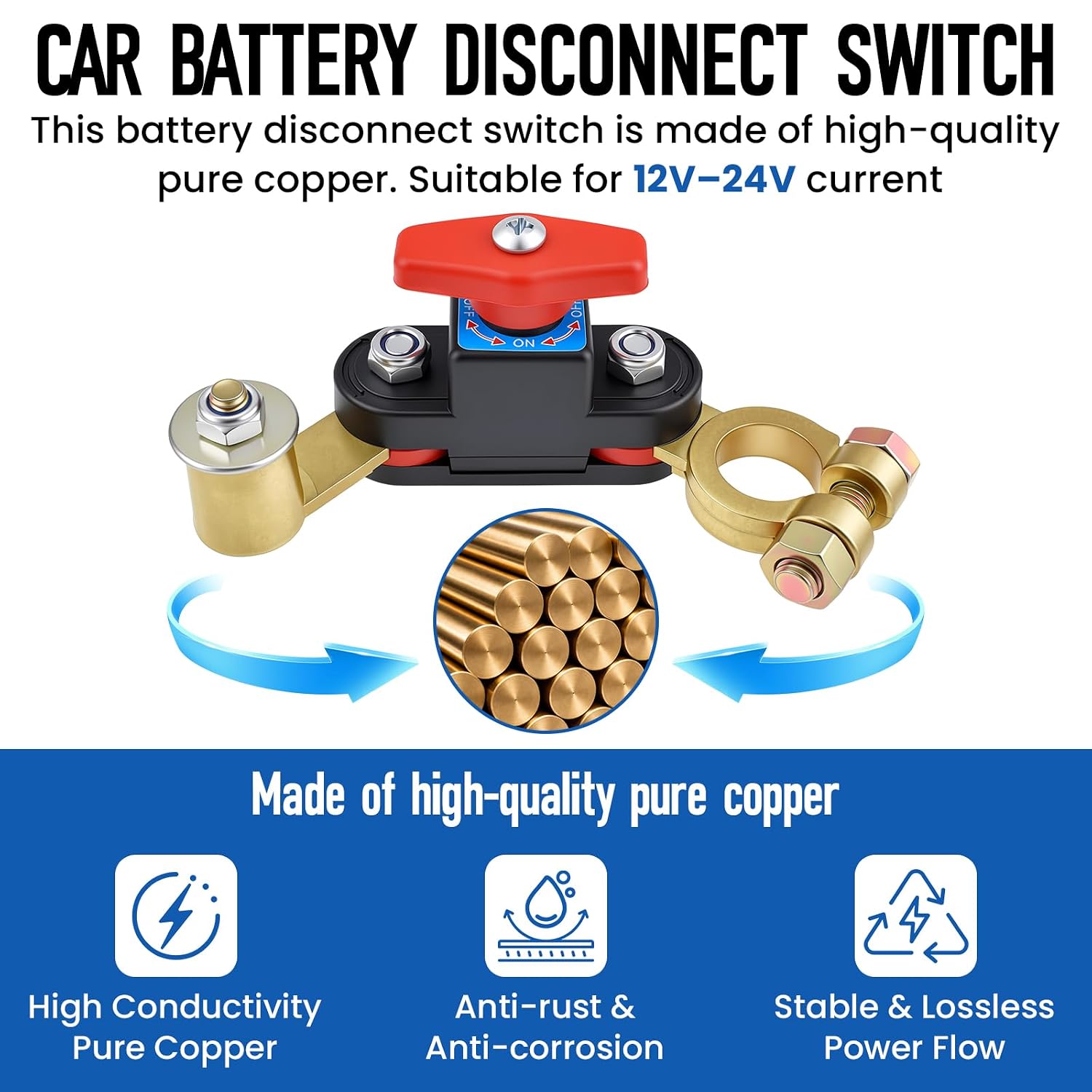 2Pcs Car Battery Disconnect Switch, 12V-24V Manual Battery Shut Off Switch | Adjustable Pure Copper Isolator with Wrench & Gasket | for Car Truck Boat Marine
