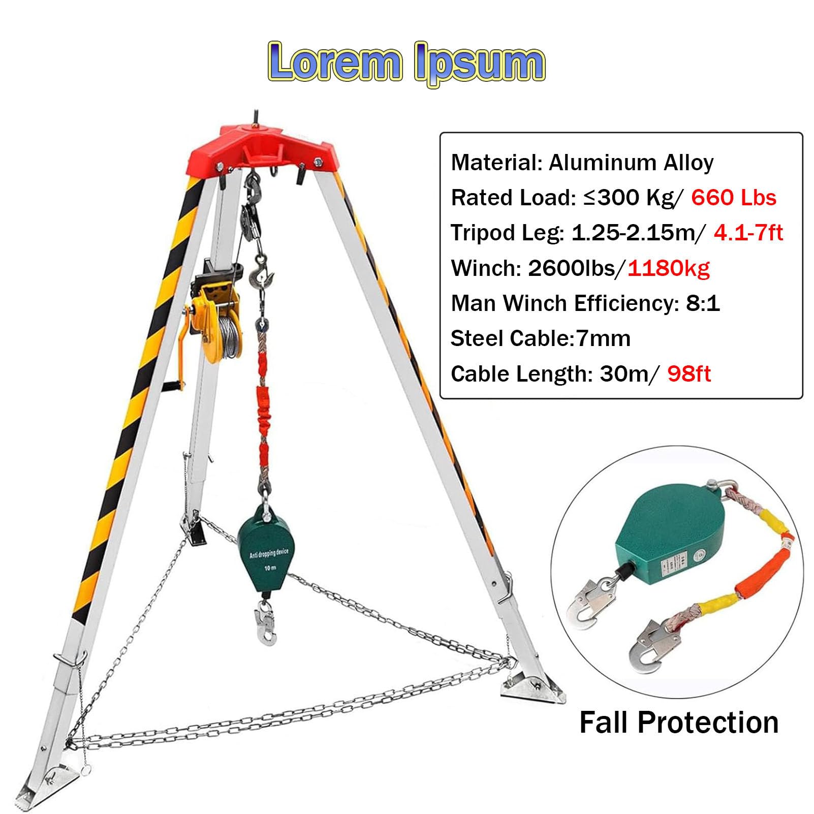 RayGenius Kit Treppiede di Soccorso, Treppiede per Sollevamento Fognario con Anticaduta/Cavo/Verricello per La Sicurezza Stradale nei Tombini Antitempesta.,1200LBSWinch