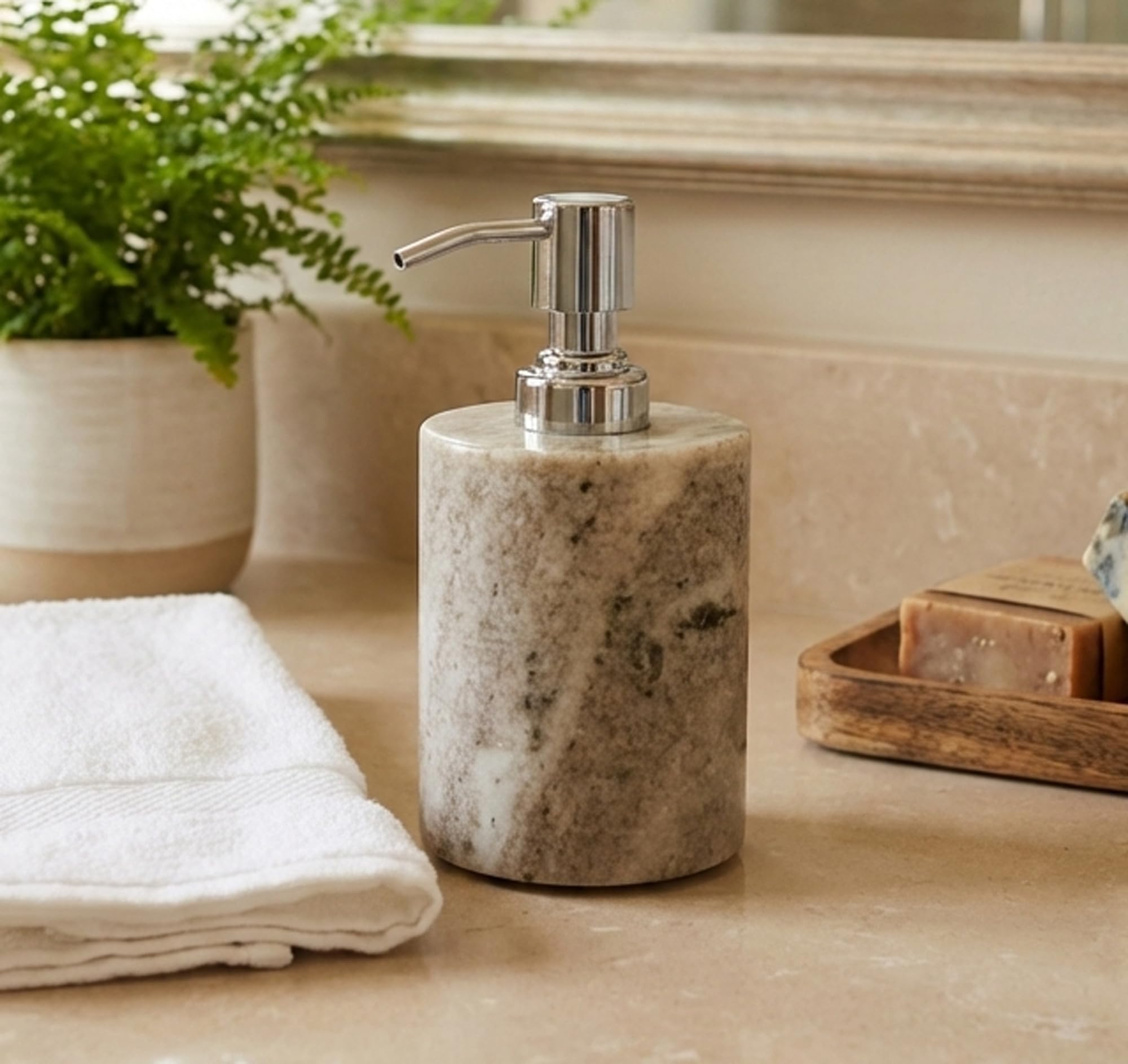 KLEO Soap Dispenser Lotion Dispenser - Made of Natural Stone - Luxury Bathroom Accessories Bath Set (Brownish) 1