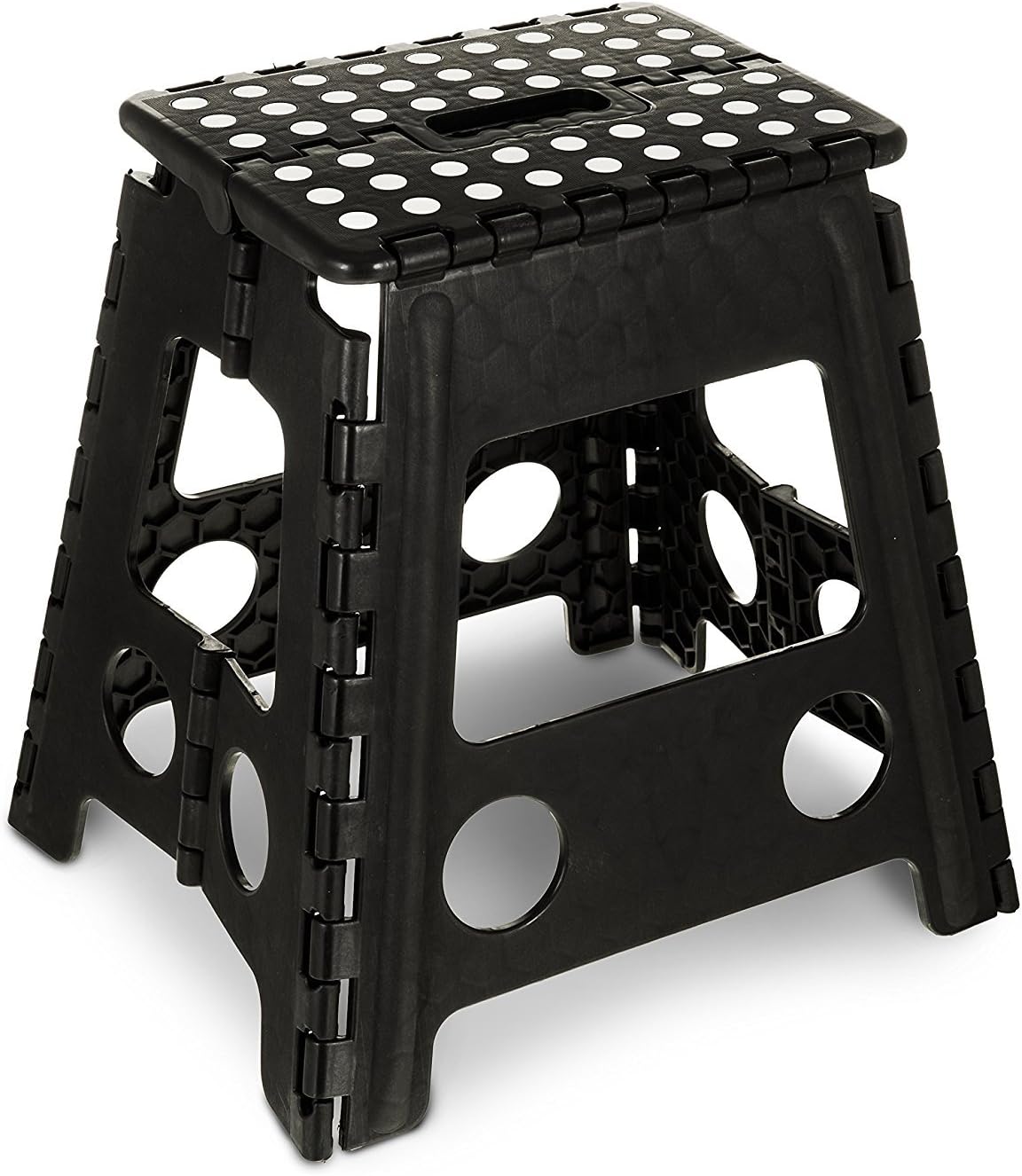 GLOW Heavy Duty Folding Step Stool – Black Strong Compact 15 Inch Plastic Anti Slip Stepping Stool for Kids and Adults with Carry Handle & Easy Storage for Home Kitchen and Workplace