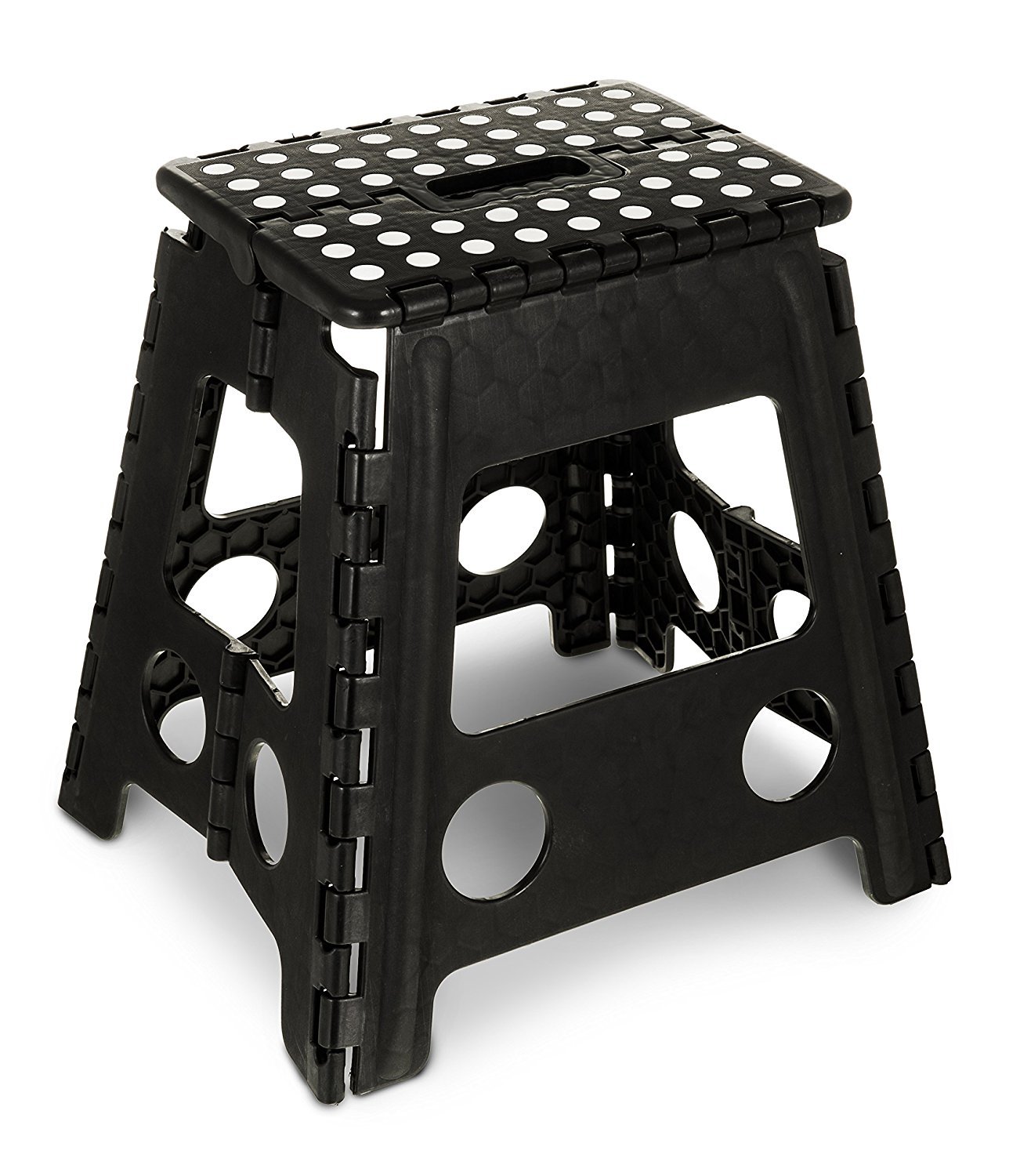 GLOW Heavy Duty Folding Step Stool โ Black Strong Compact 15 Inch Plastic Anti Slip Stepping Stool for Kids and Adults with Carry Handle & Easy Storage for Home Kitchen and Workplace