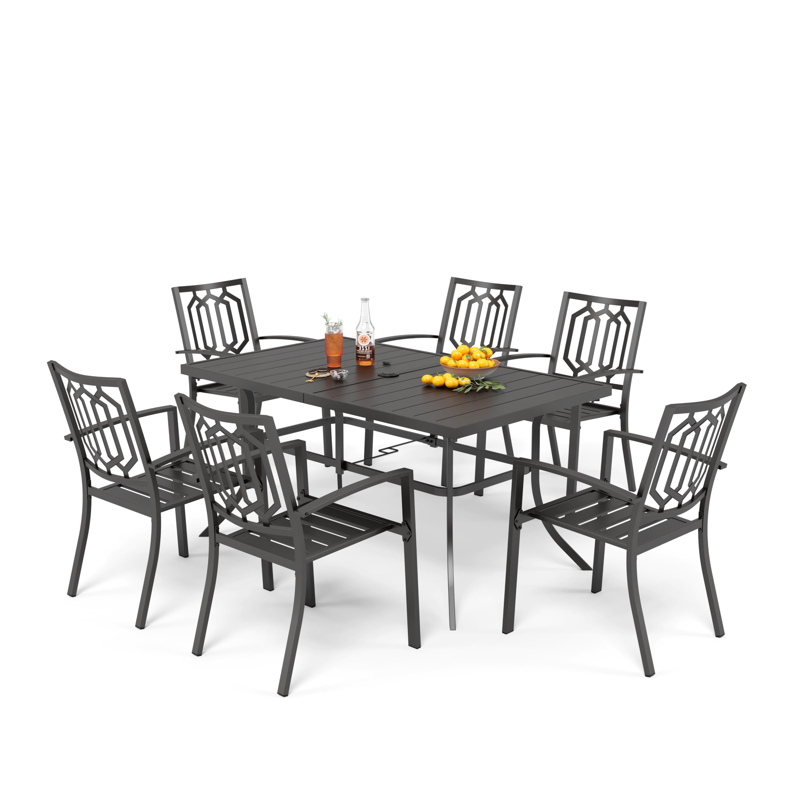 PHI VILLA Gartenmöbel 6 stühle mit Tisch Set Wetterfest Gartengarnitur Set 6 Personen mit Stapelbare Stühle und Rechteckig Esstisch mit 4cm Schirmloch Terrassen Outdoor Bistro Möbel Sets Metall