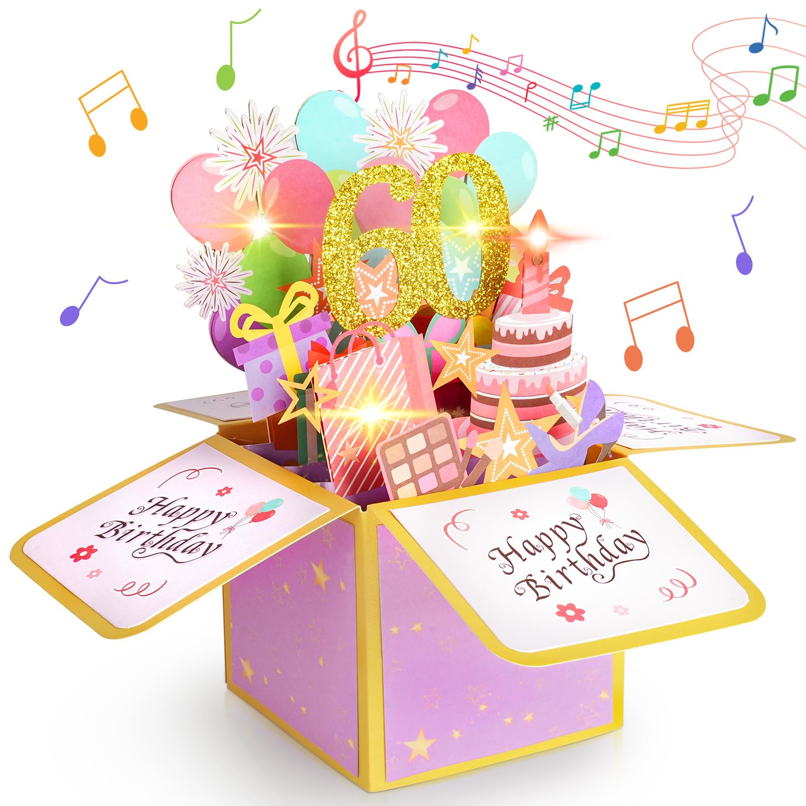 Vicloon Pop-up Birthday Gift Greeting Cards Box, 60th Birthday 3D Pop-Up Musical Greeting Cards with Envelope, Cool Pop up Birthdays Card with LED Blowable Candle and Lights, Gifts for Women Men