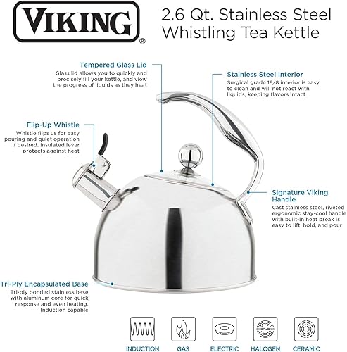 Miniatura 8 de Viking Culinary - Hervidor de té silbante de acero inoxidable de 3 capas, 2.6 cuartos de galón, incluye tapa de vidrio templado, mango ergonómico
