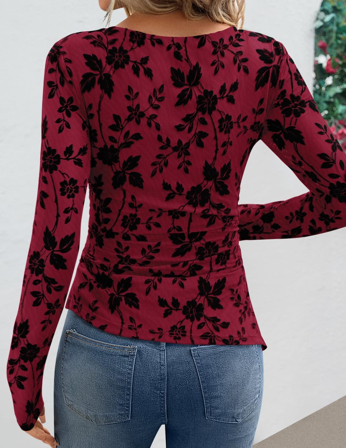 ZESICA Womens Floral Long Sleeve Shirts 2026 Spring Boat Neck Mesh Ruched Tops Fitted Asymmetrical Going Out Blouses - Image 4