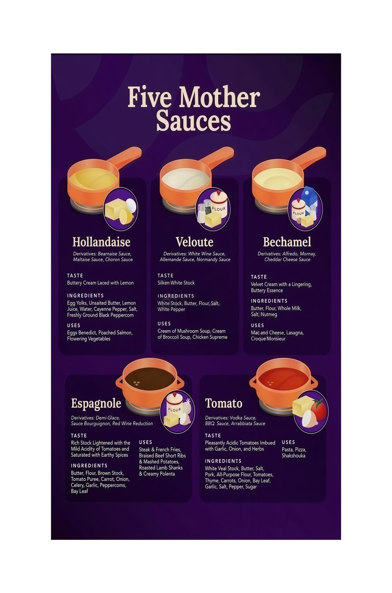 KCDFDVJFBM Sauce Making Techniques Poster Classic French Five Mother Sauces Culinary Reference Canvas Wall-Art for Gourmet Home Kitchen Decor Fine Art