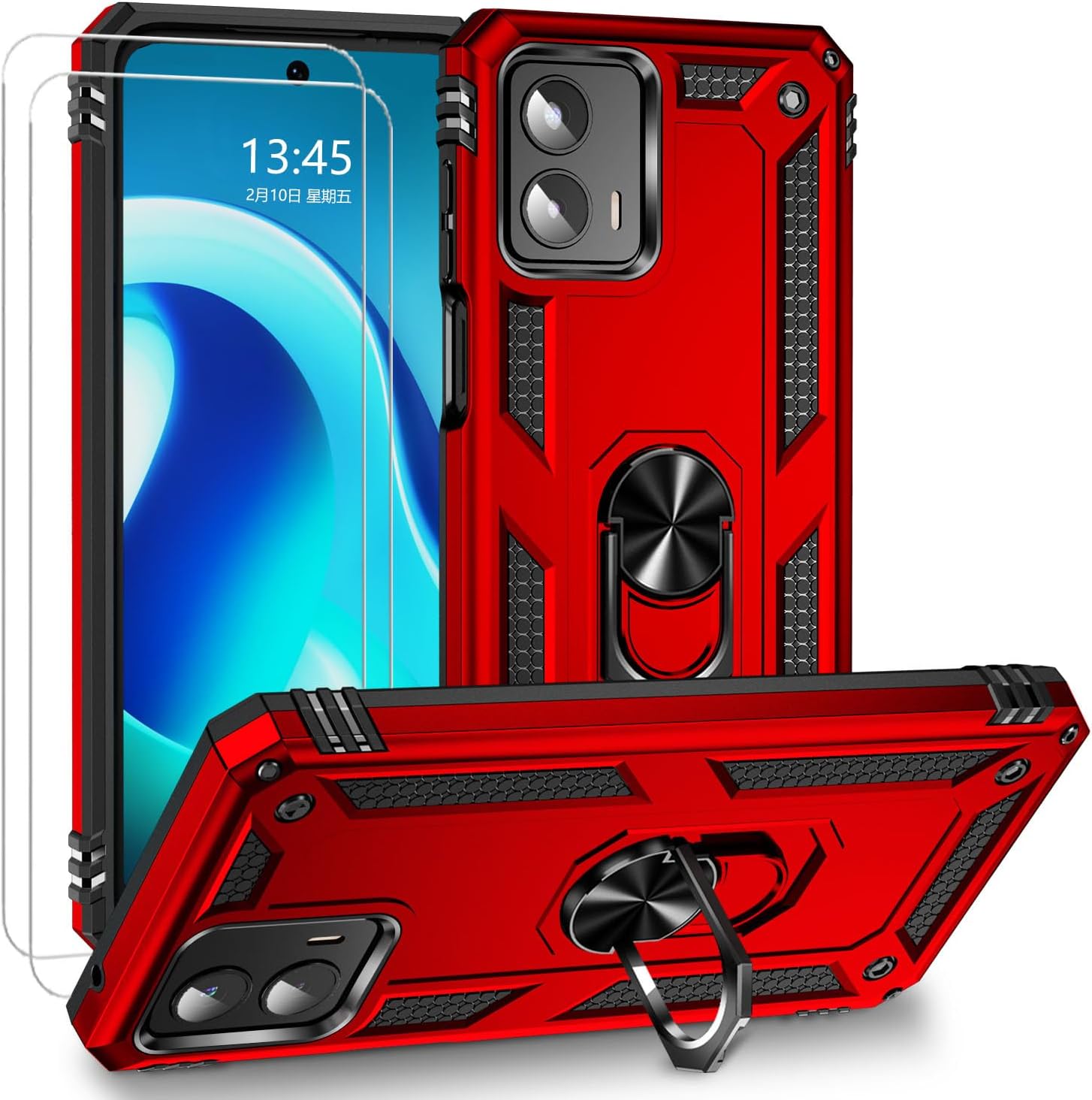 for Motorola G 5G 2023 Case,Moto G 5G 2023 Screen Protector [2 pcs],Military-Grade Ring Kickstand Protective case Dual Layer Heavy Duty Protection Shockproof Cover for Moto G (2023) (Red)