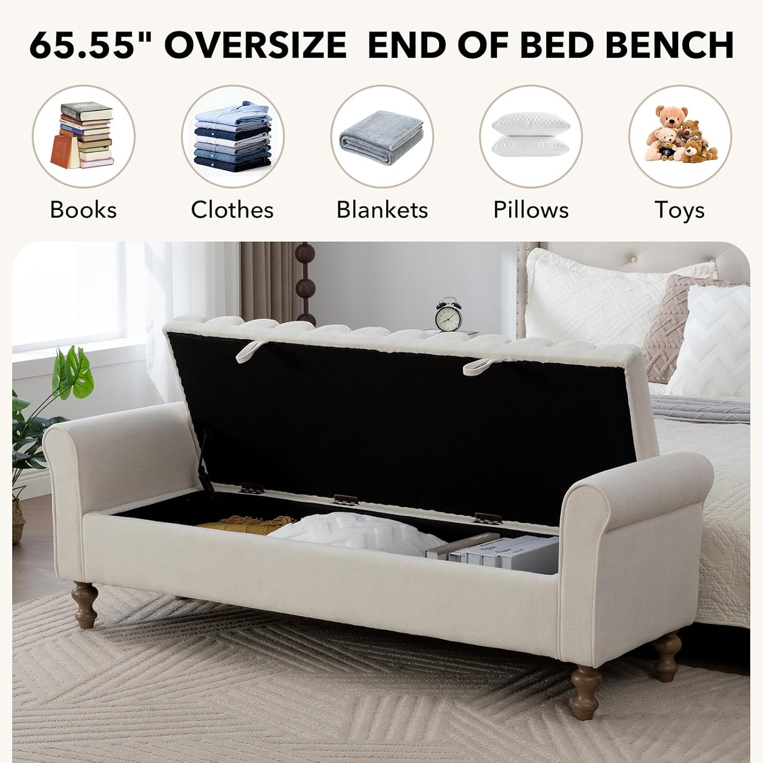 65.55" Oversize Storage Ottoman Bench, Fleece Upholstered End of Bed Benches with Rolled Armrest, Modern King Size Benches with Rolled Armrest, Window Bench (Beige+Single-Cover)