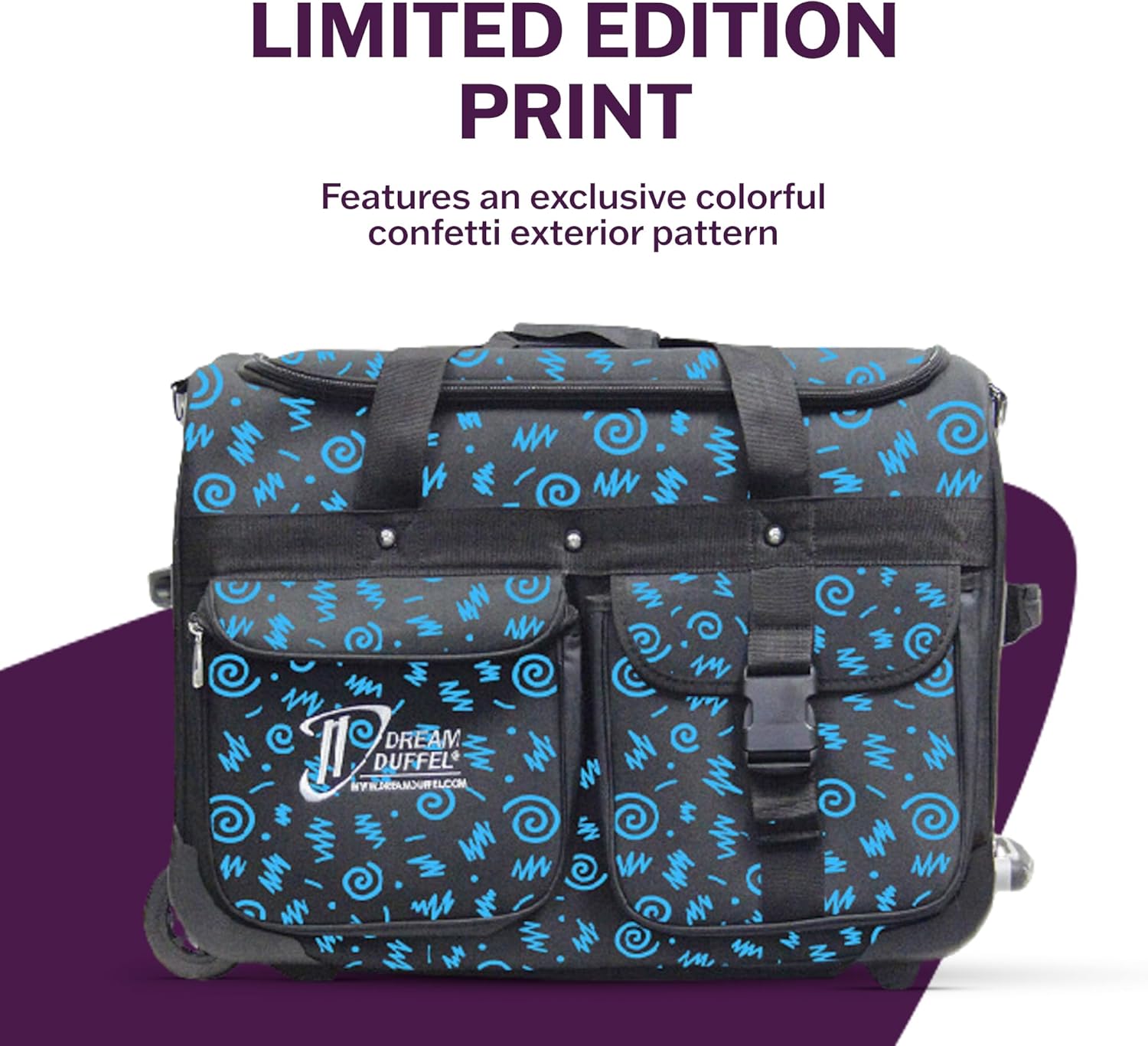 Dream Duffel Small Confetti Bag with Telescoping Garment Rack, USB Port, Insulated Pocket, Folding Stool Pocket, Limited Edition, Blue