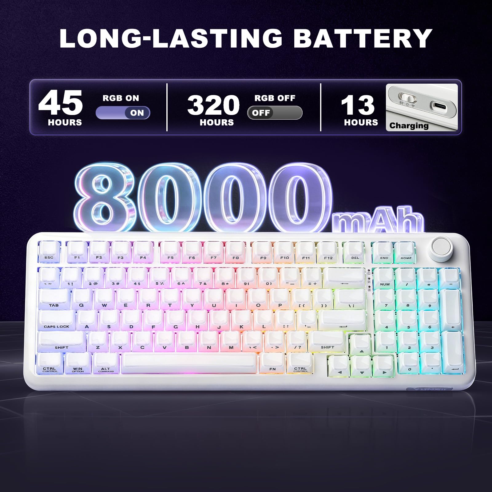 YUNZII X98 QMK/VIA Bezprzewodowa mechaniczna klawiatura do gier z pokrętłem, trójtrybowa BT5.0/USB-C/2,4 GHz, wstępnie nasmarowane przełączniki, mocowanie uszczelki (Biały, Crystal Switch)